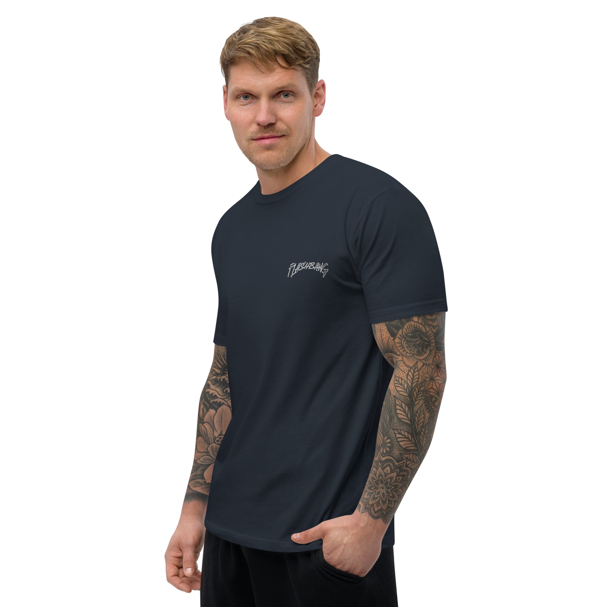 LA Lost Souls T-shirt with skeleton design, embodying streetwear LA style and honoring veterans - Side View - Midnight Navy - Model Guy