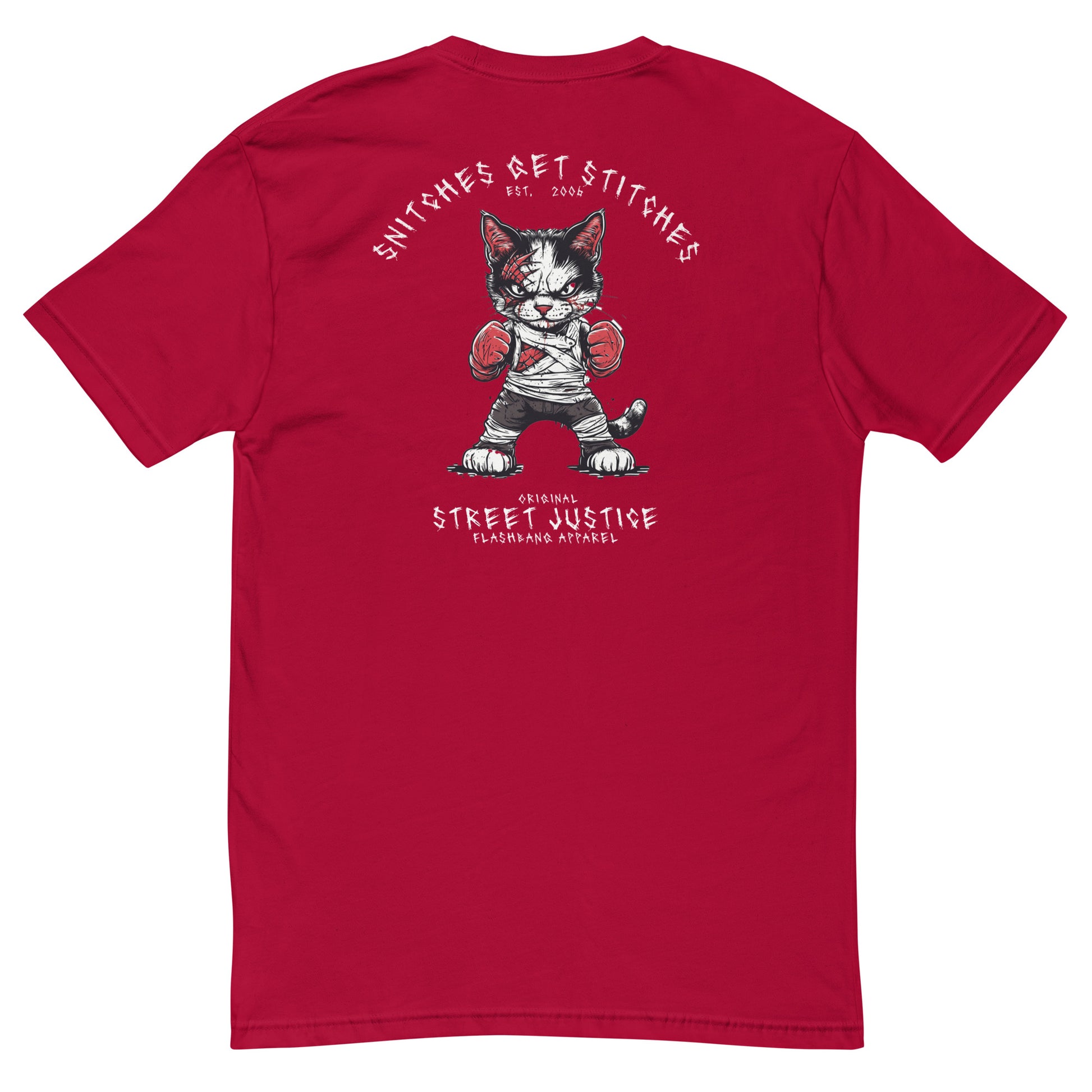 Red t-shirt with a graphic of a cat and text on the back, on a white background