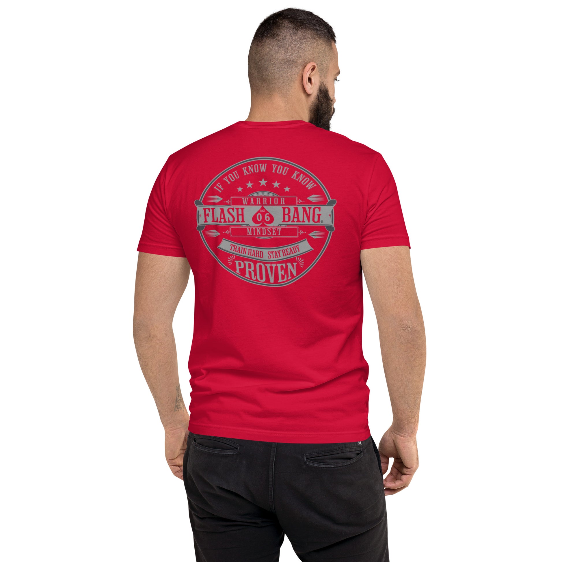 Warrior T-shirt - Train Hard Stay Ready. Veteran support, rugged durability, and powerful quotes for men who train hard - Back View - Red - Model Guy