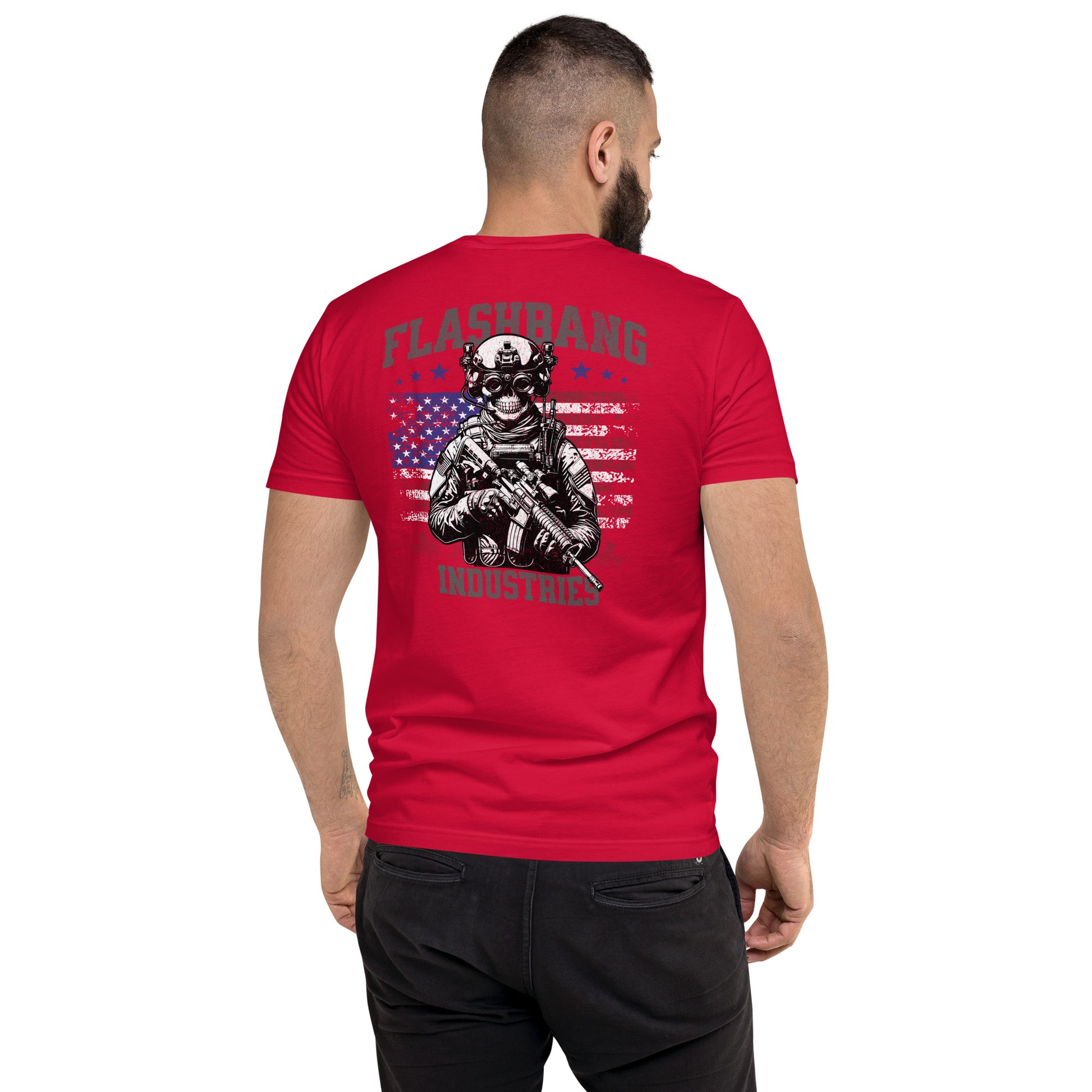 US Army T-shirt with USA flag and skull design. Operator T-shirt for men - Back View -Red - Model Guy