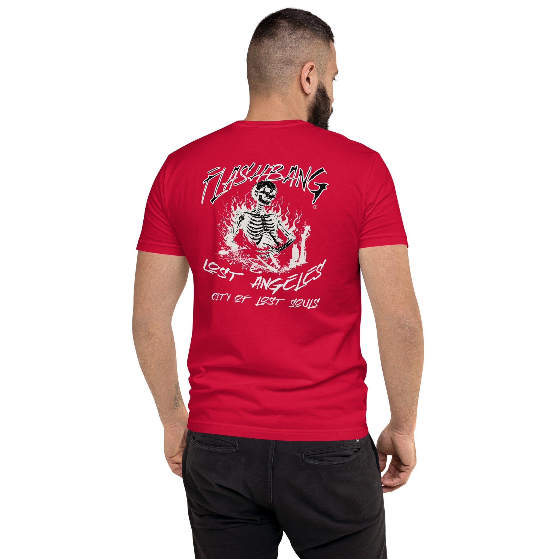 LA Lost Souls T-shirt with skeleton design, embodying streetwear LA style and honoring veterans - Back View - Red - Model Guy