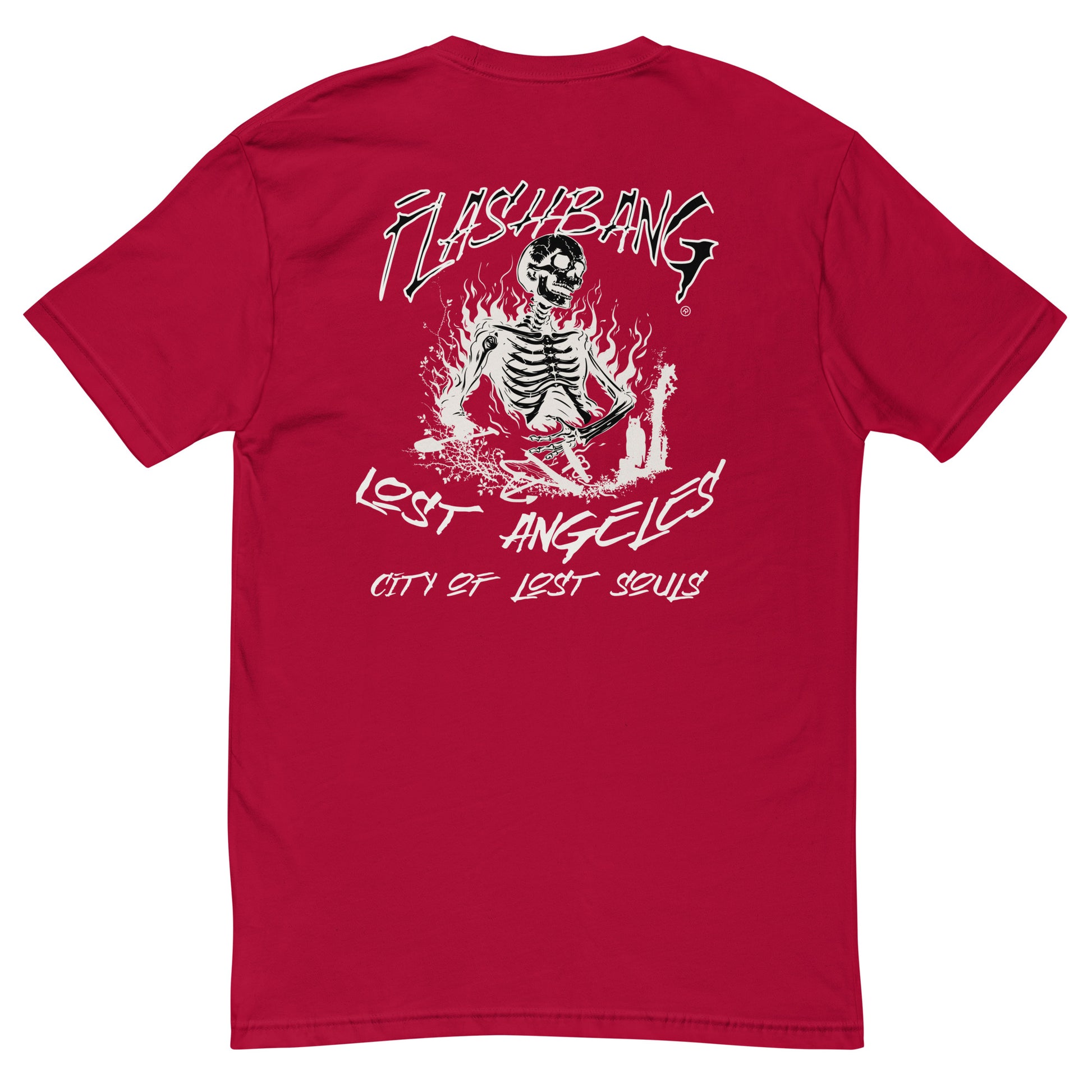 LA Lost Souls T-shirt with skeleton design, embodying streetwear LA style and honoring veterans - Back View - Red