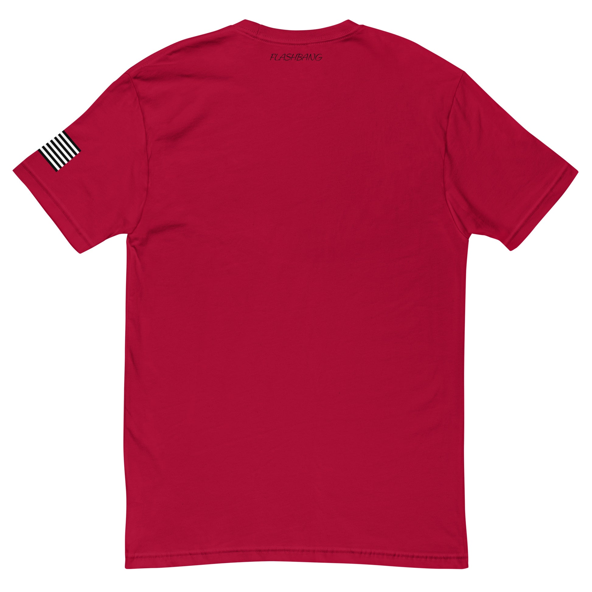 Stay Humble T-shirt with black writing with american flag on sleeve - Front View - Red