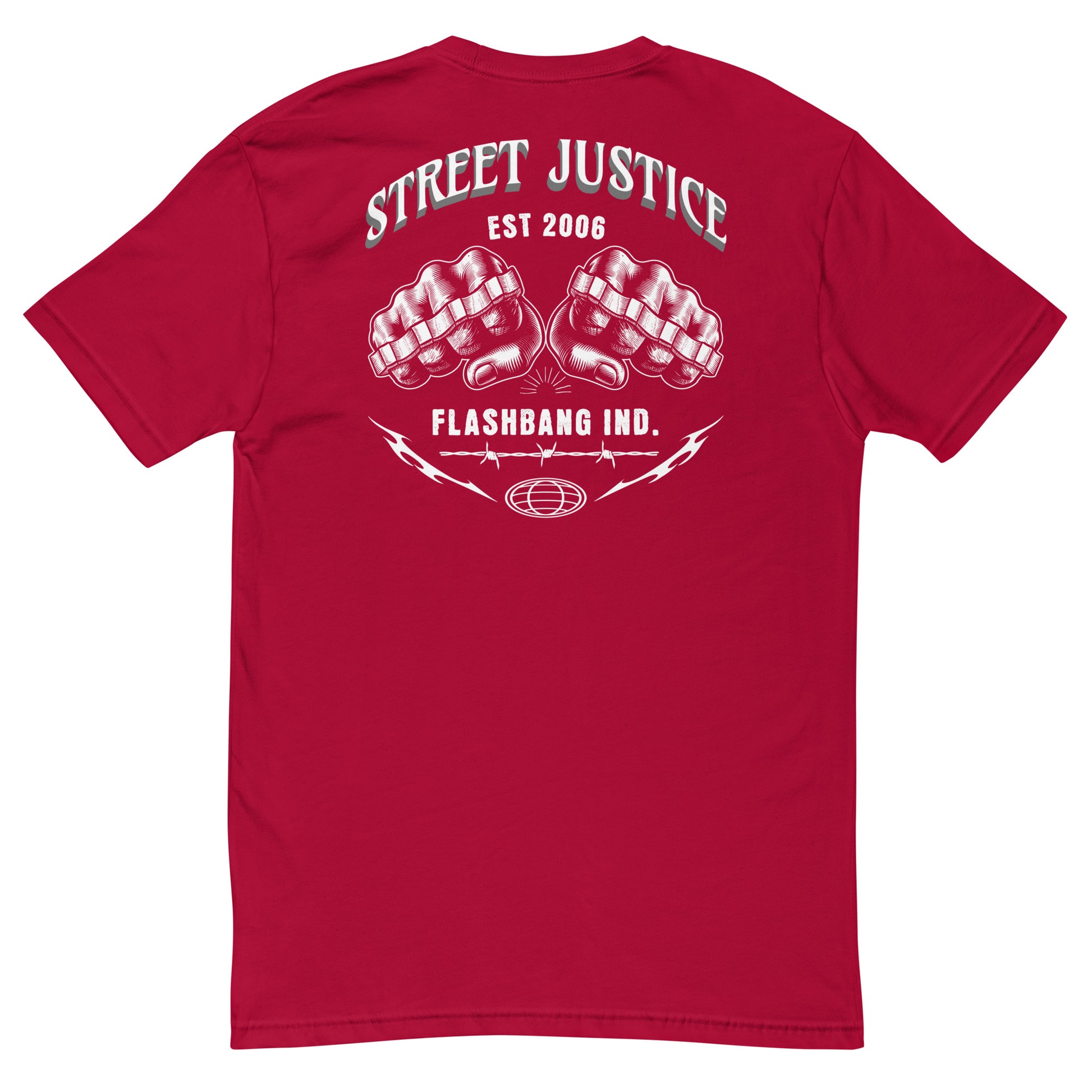 Red t-shirt with white graphics and text on a white background