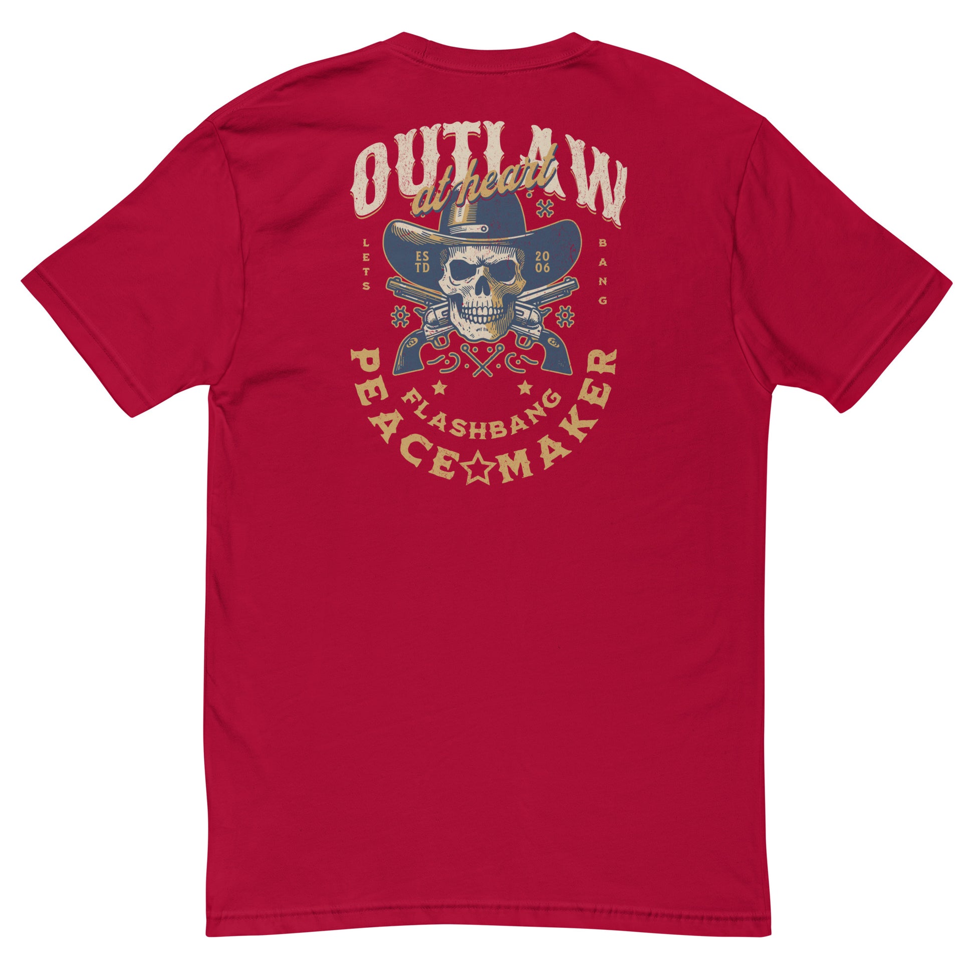 Red t-shirt with a graphic design on the back featuring text and a skull wearing a cowboy hat.