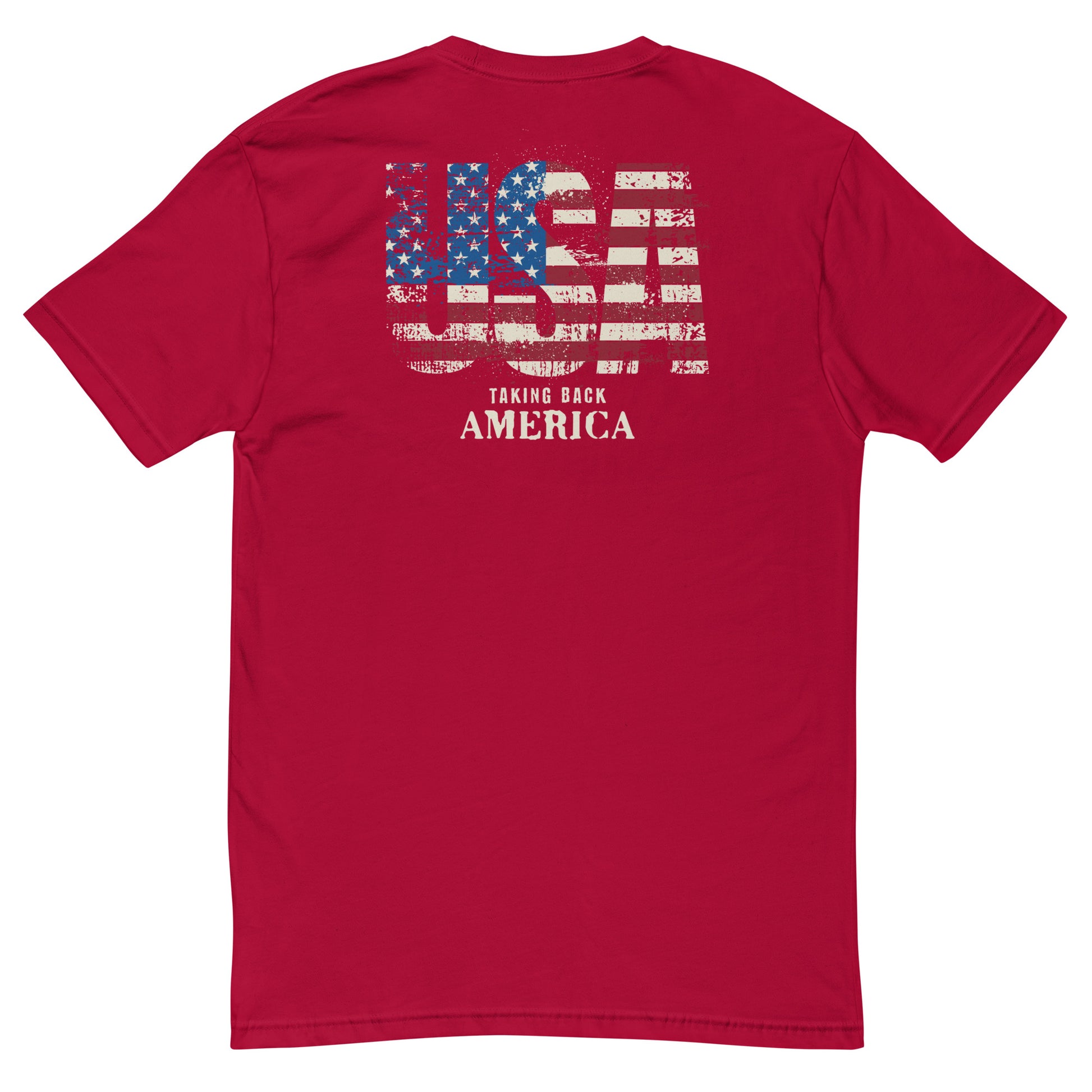 Red t-shirt with American flag design and text on the back against a white background