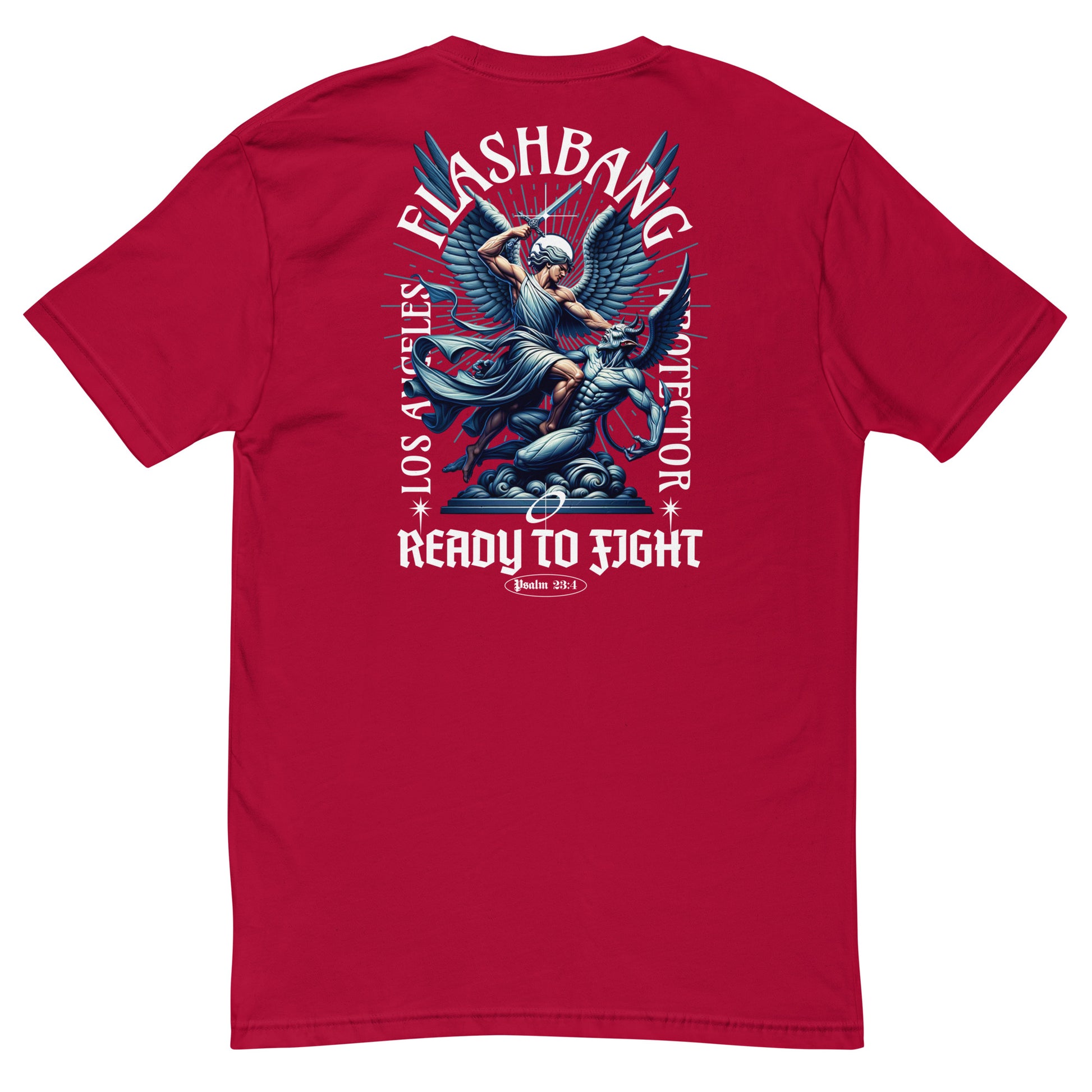 Red t-shirt with graphic design on the back featuring an angel and text.