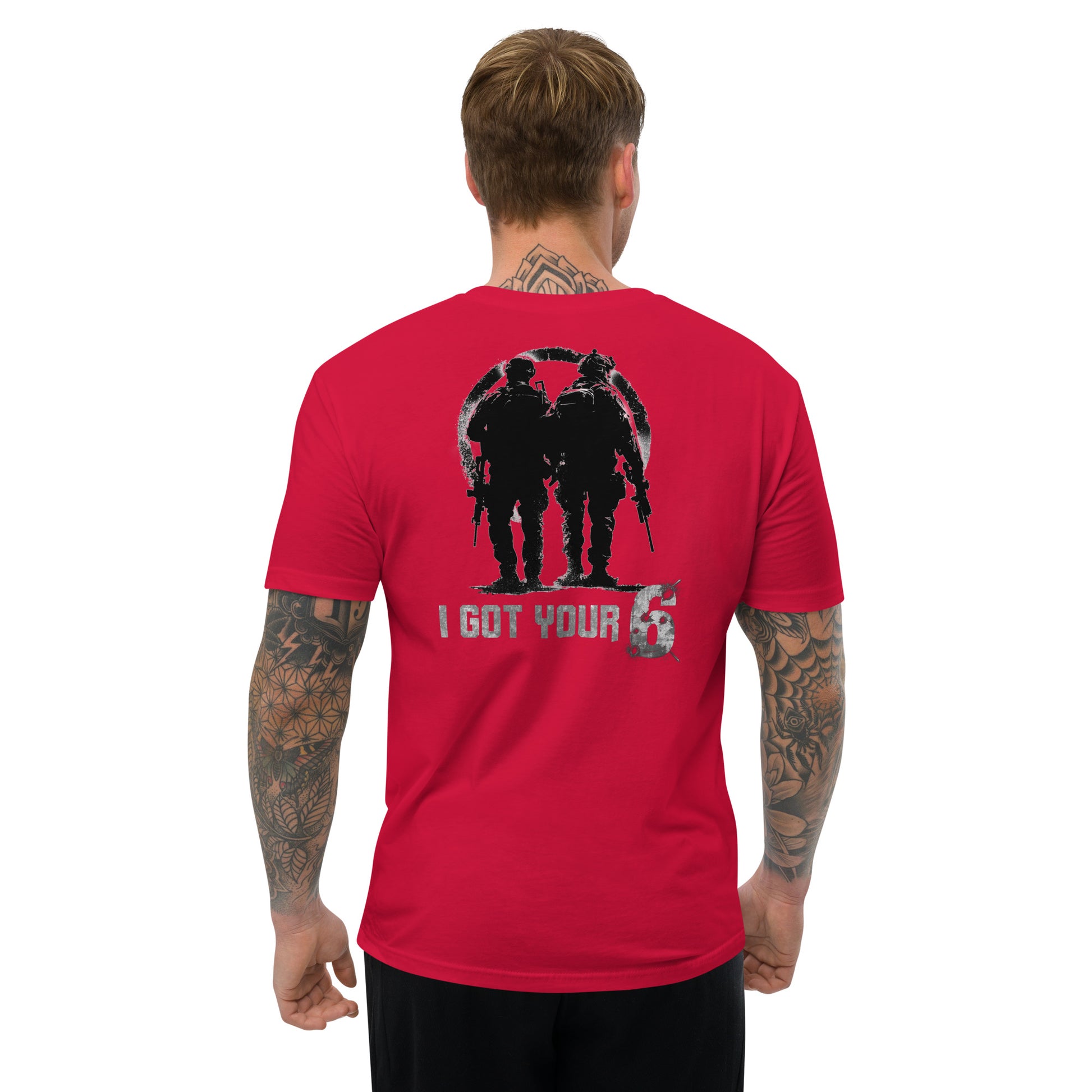 Red t-shirt with graphic design and text on the back, worn by a person.