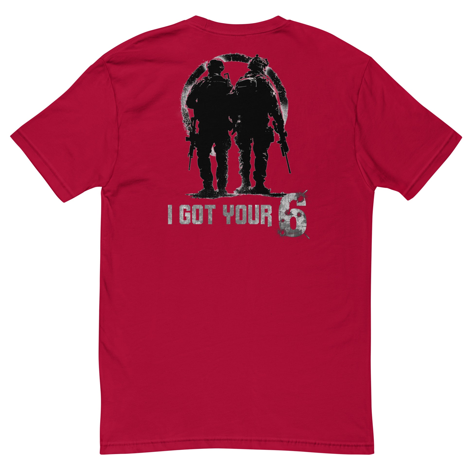 Red t-shirt with black graphic and 'I Got Your Six' text on a white background