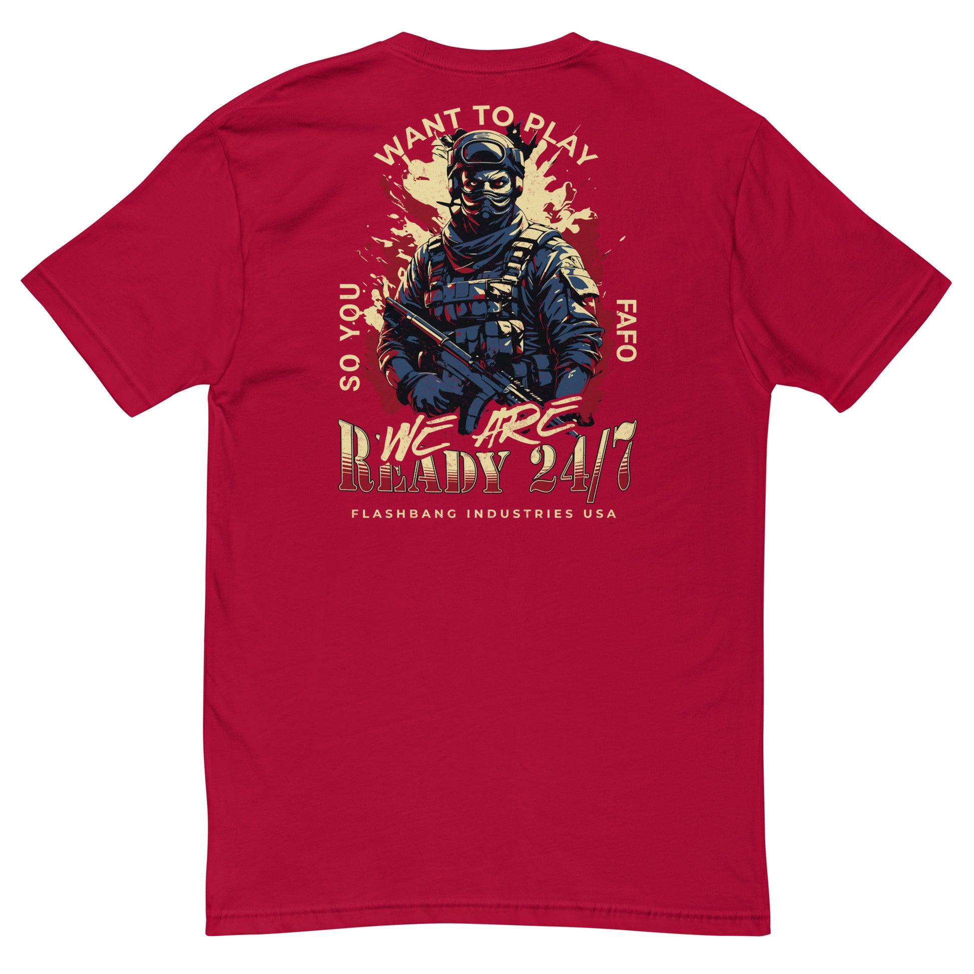 Red t-shirt with graphic design on the back featuring a soldier and text.