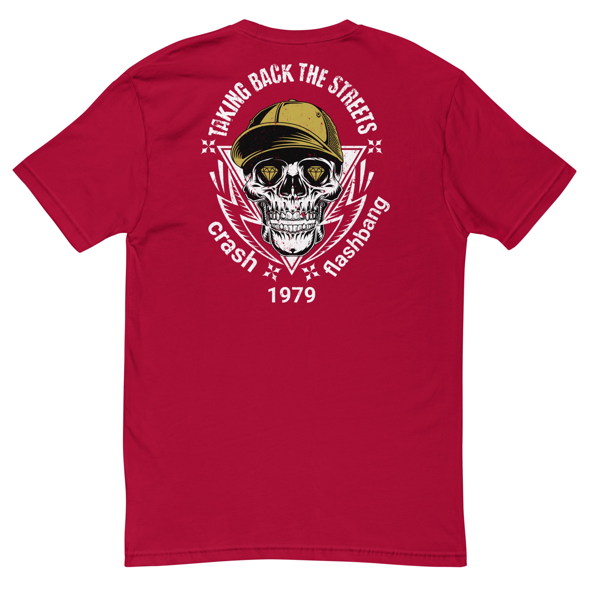 Red t-shirt with a skull wearing a cap and text on the back, on a white background