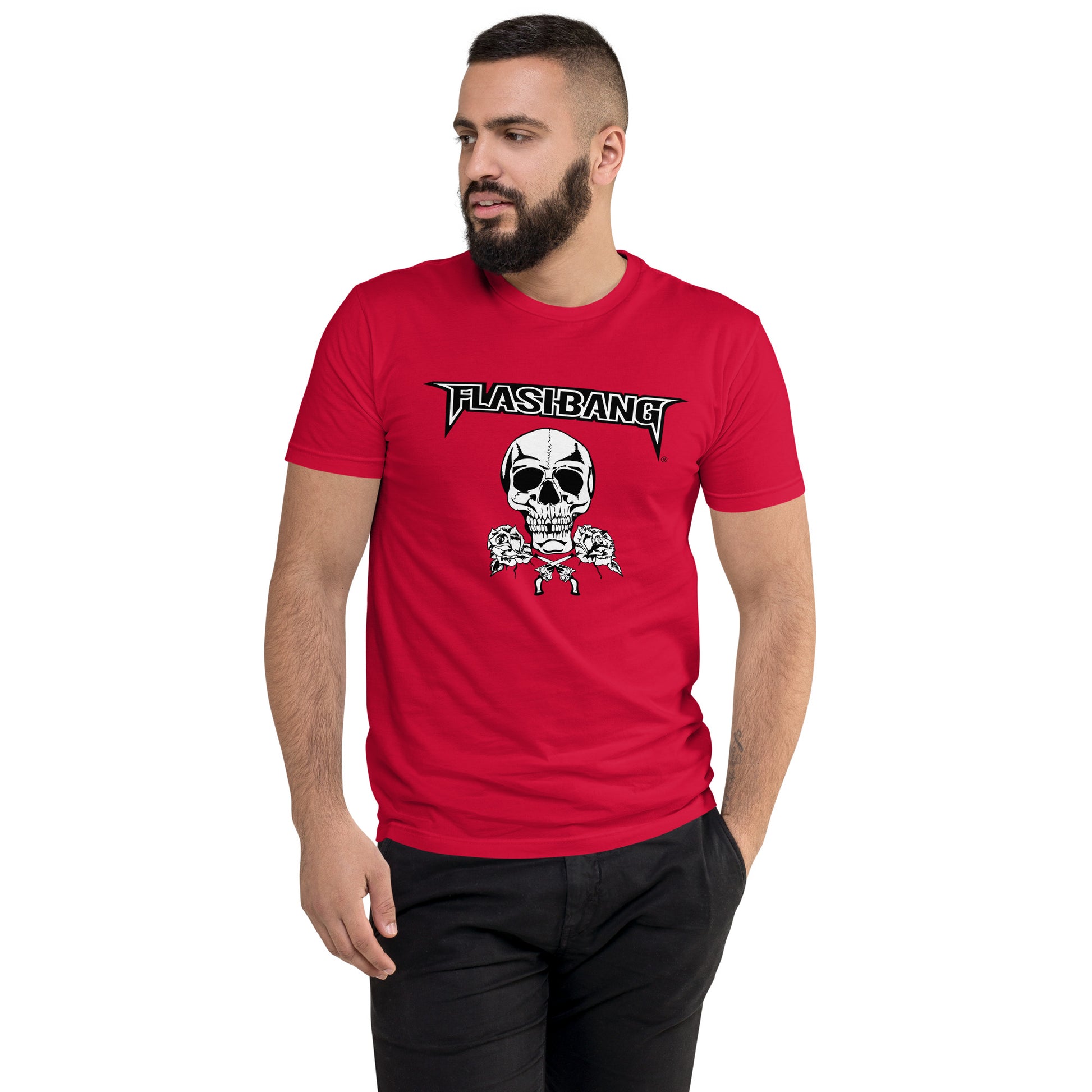 Skull and Roses RS T-shirt featuring a vintage skull and rose design - Front View - Red - Model Guy