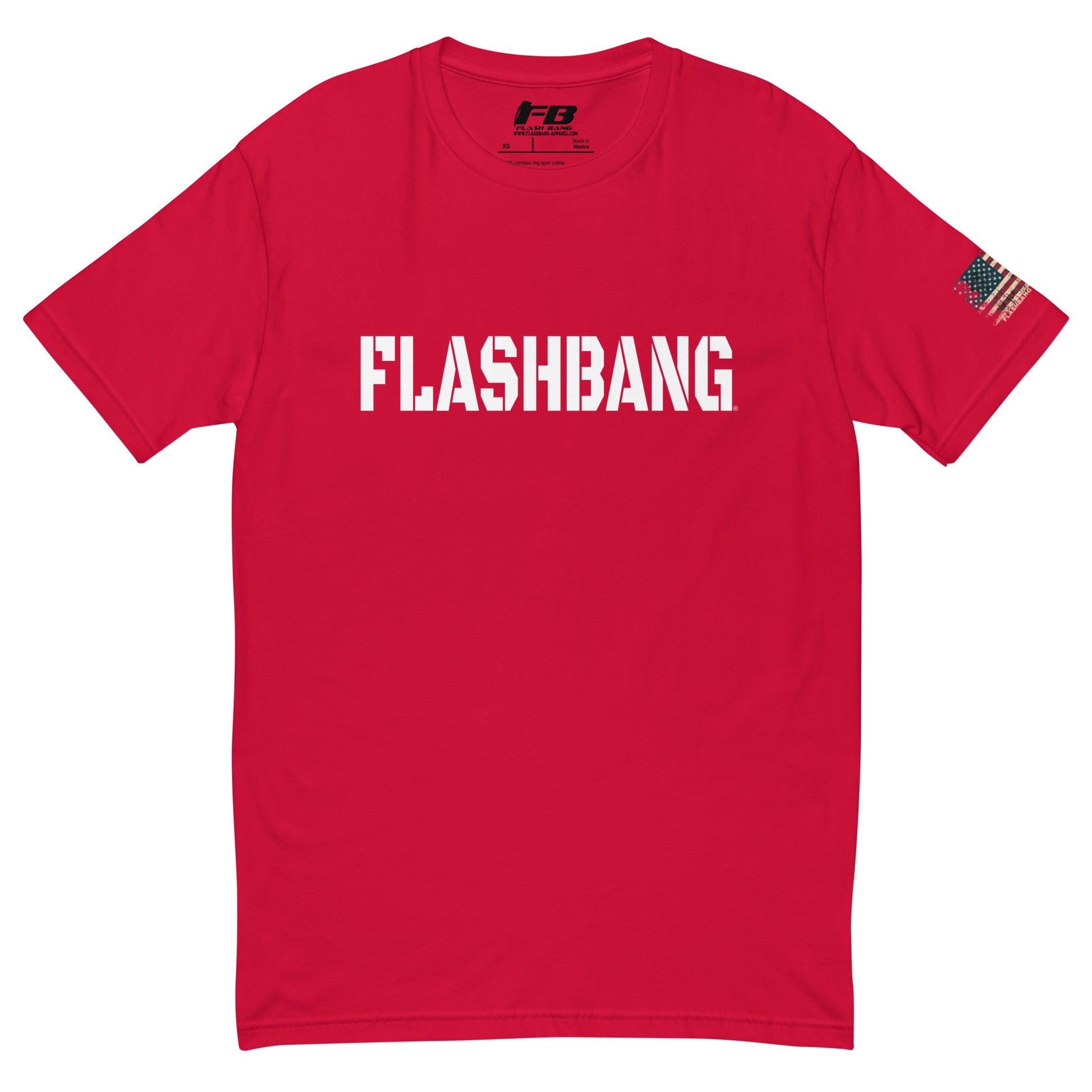 Flashbang Logo T-shirt with American flag graphic, perfect for honoring police and military veterans with durability and comfort - Front View - Red with Flashbang Text