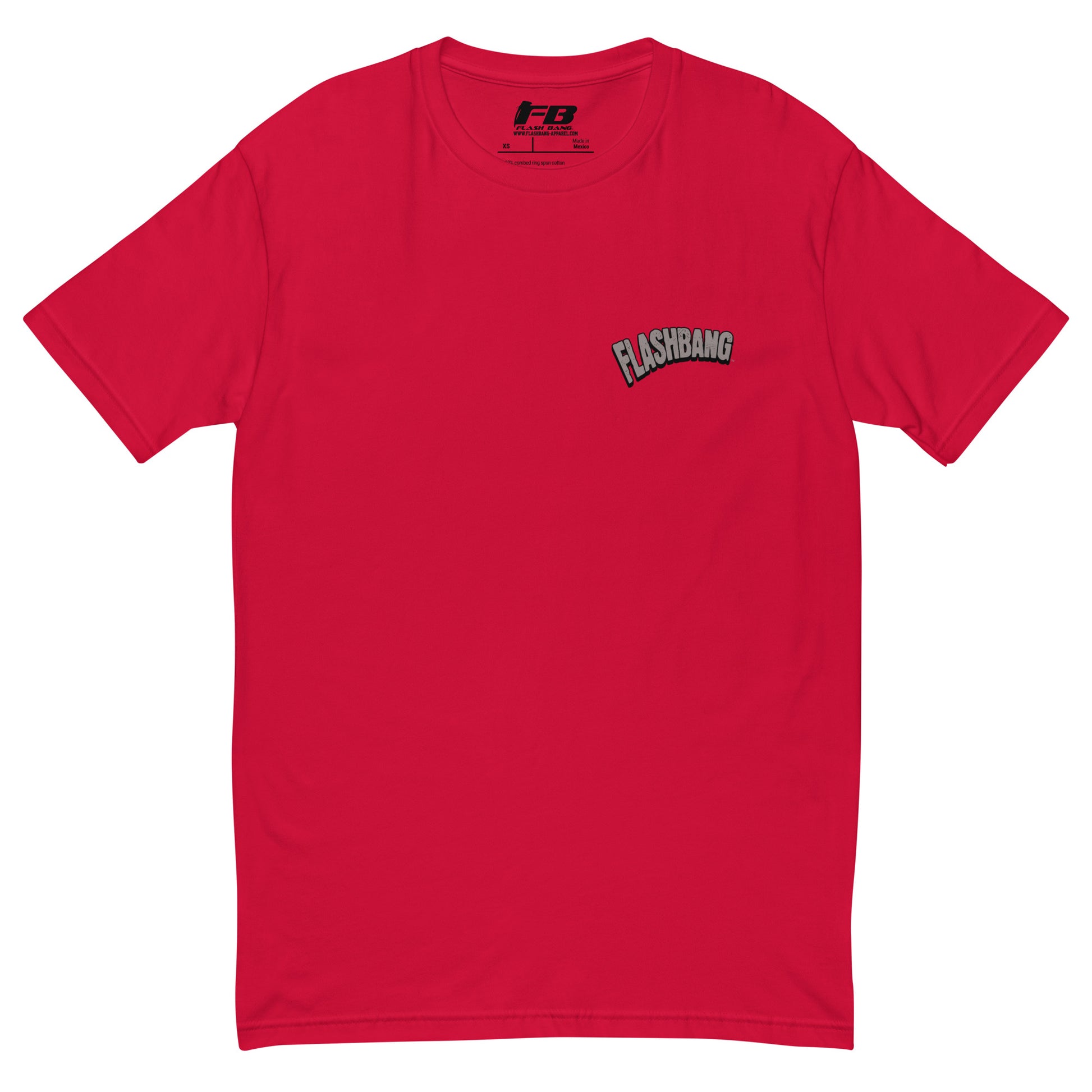 Caveman T-shirt - Front  View - Red with Flashbang Text