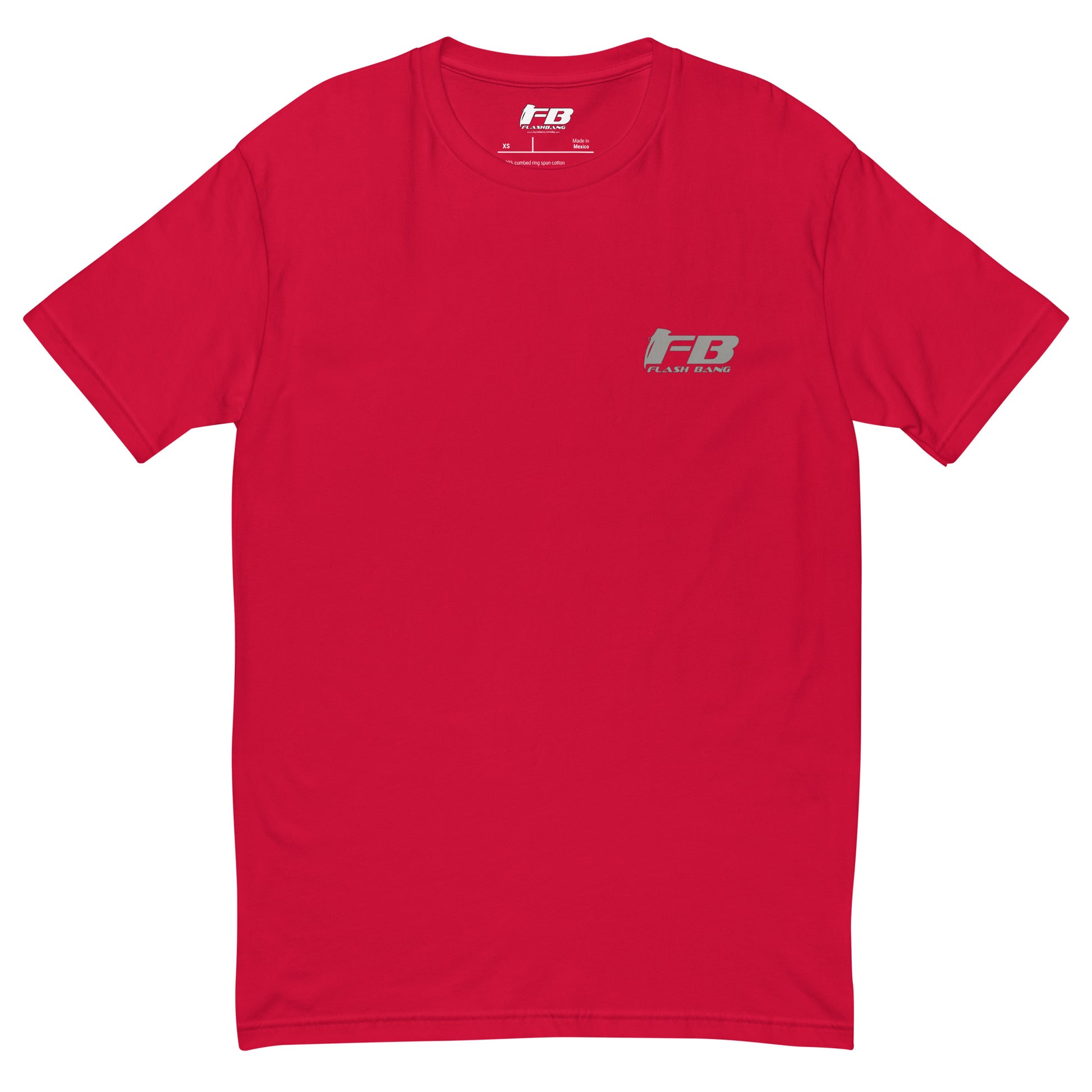 Red t-shirt with a logo on the chest against a white background