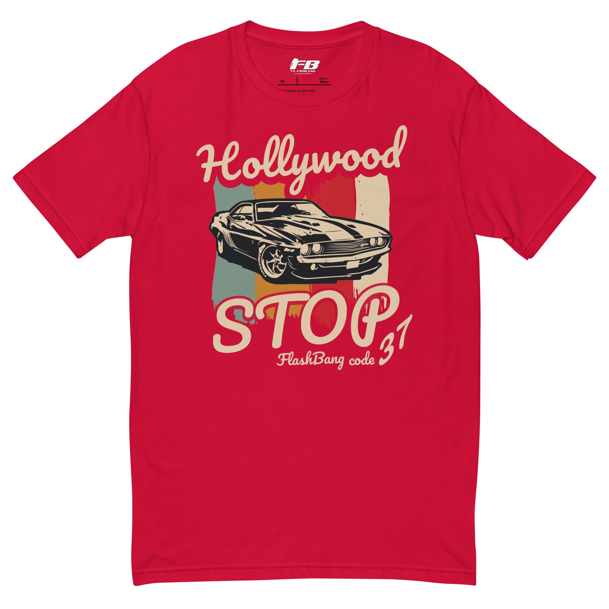 Red t-shirt with vintage car graphic and text on a white background