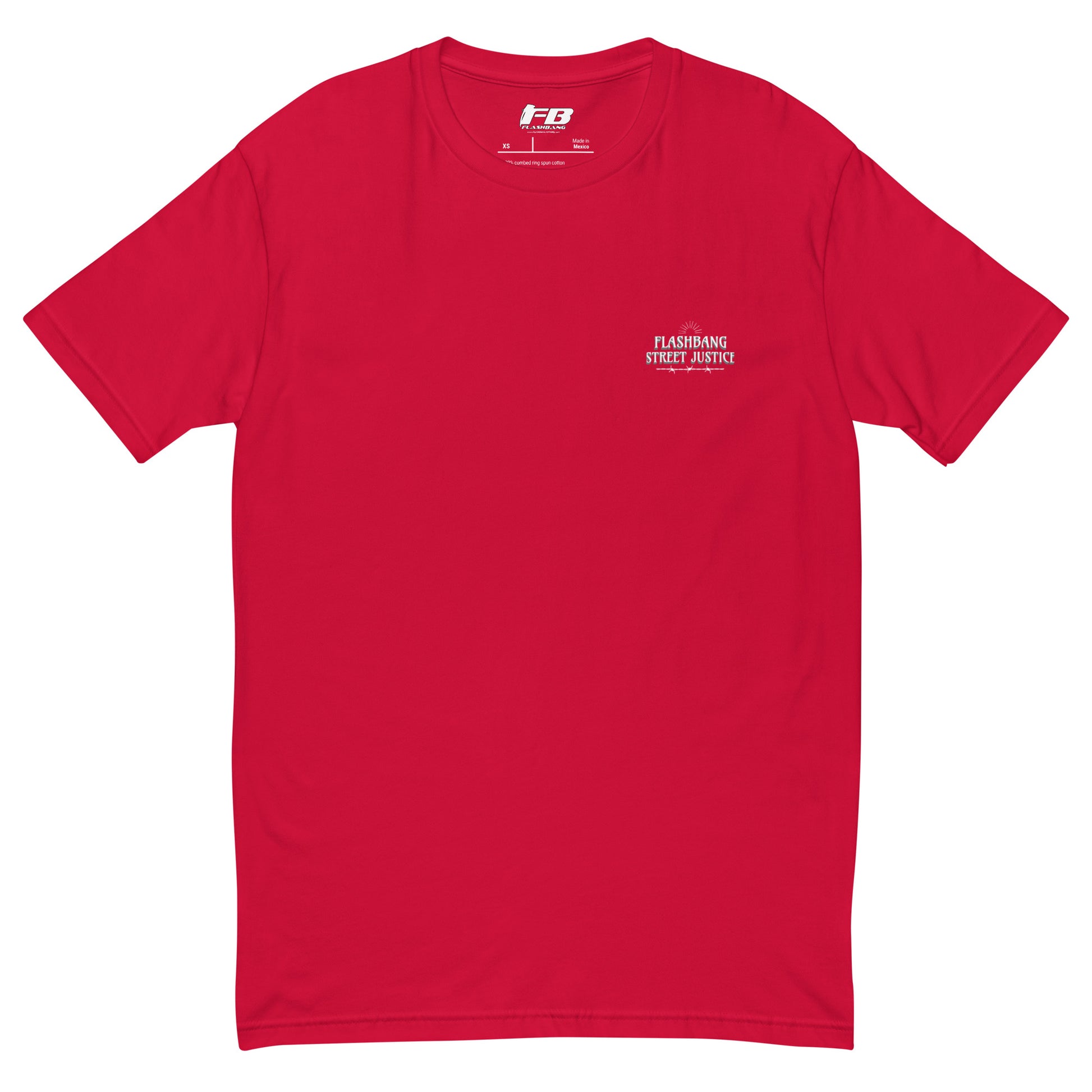 Red t-shirt with a small white logo on a white background