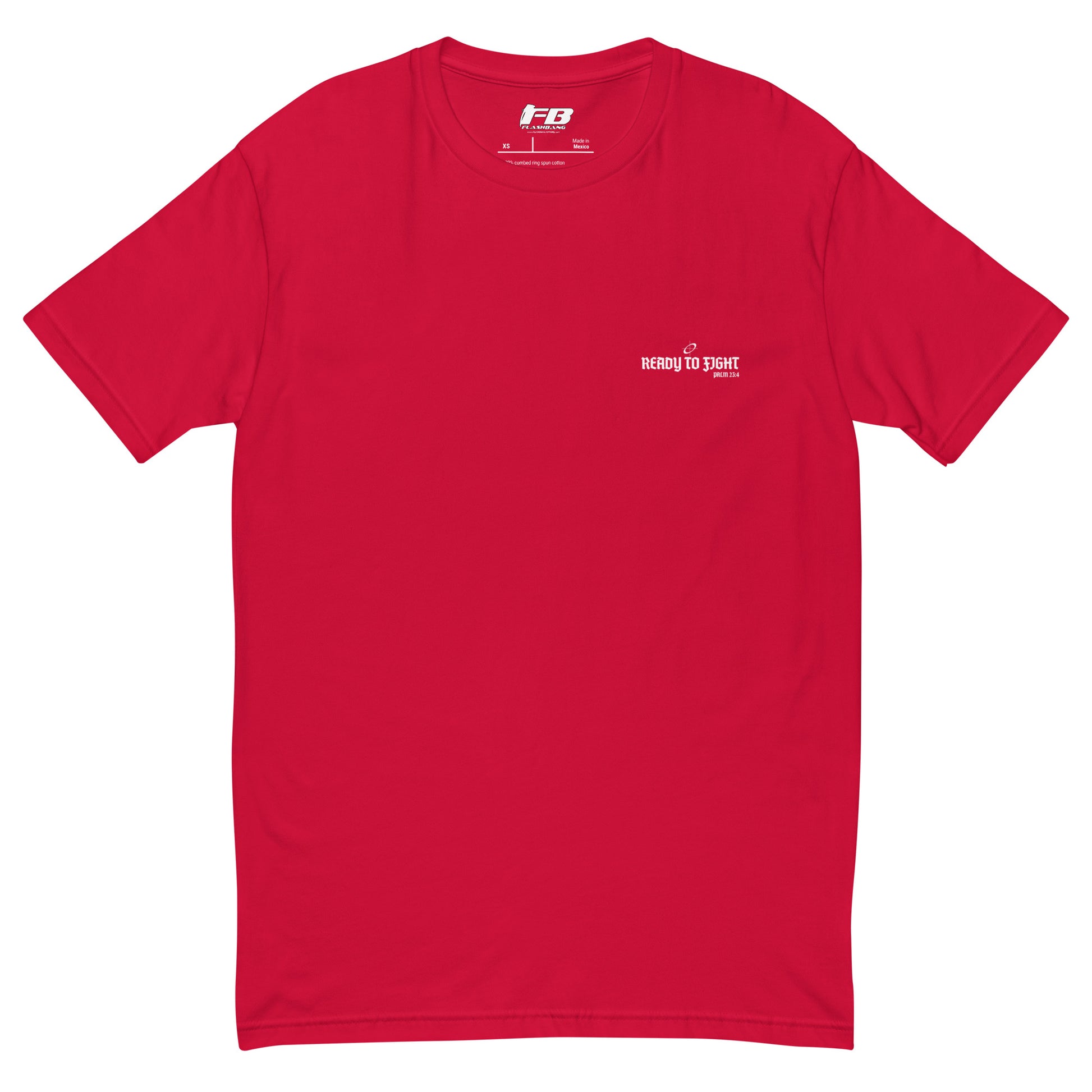 Red t-shirt with a small white logo on the chest against a white background
