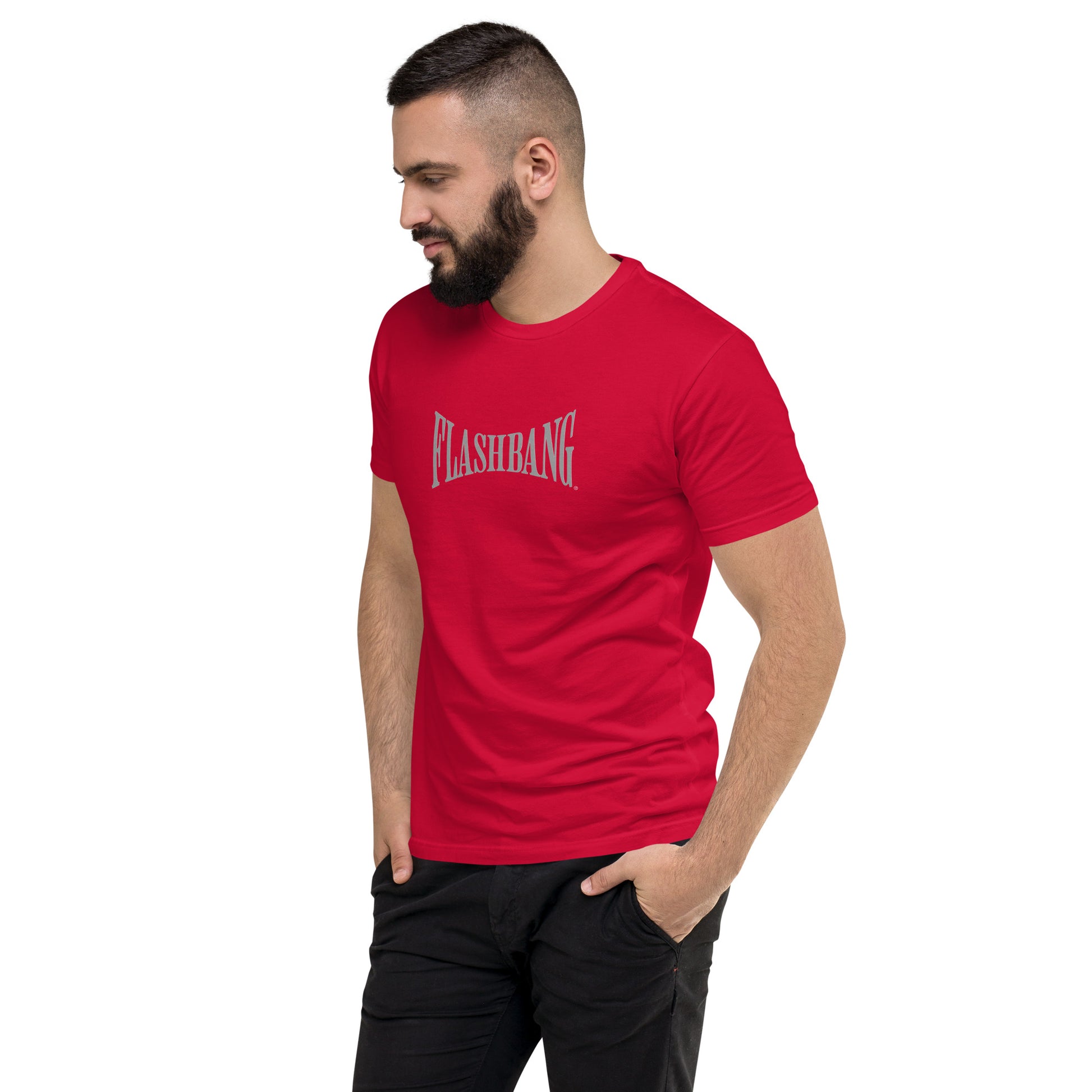 Warrior T-shirt - Train Hard Stay Ready. Veteran support, rugged durability, and powerful quotes for men who train hard - Front View - Red with Flashbang Text - Model Guy