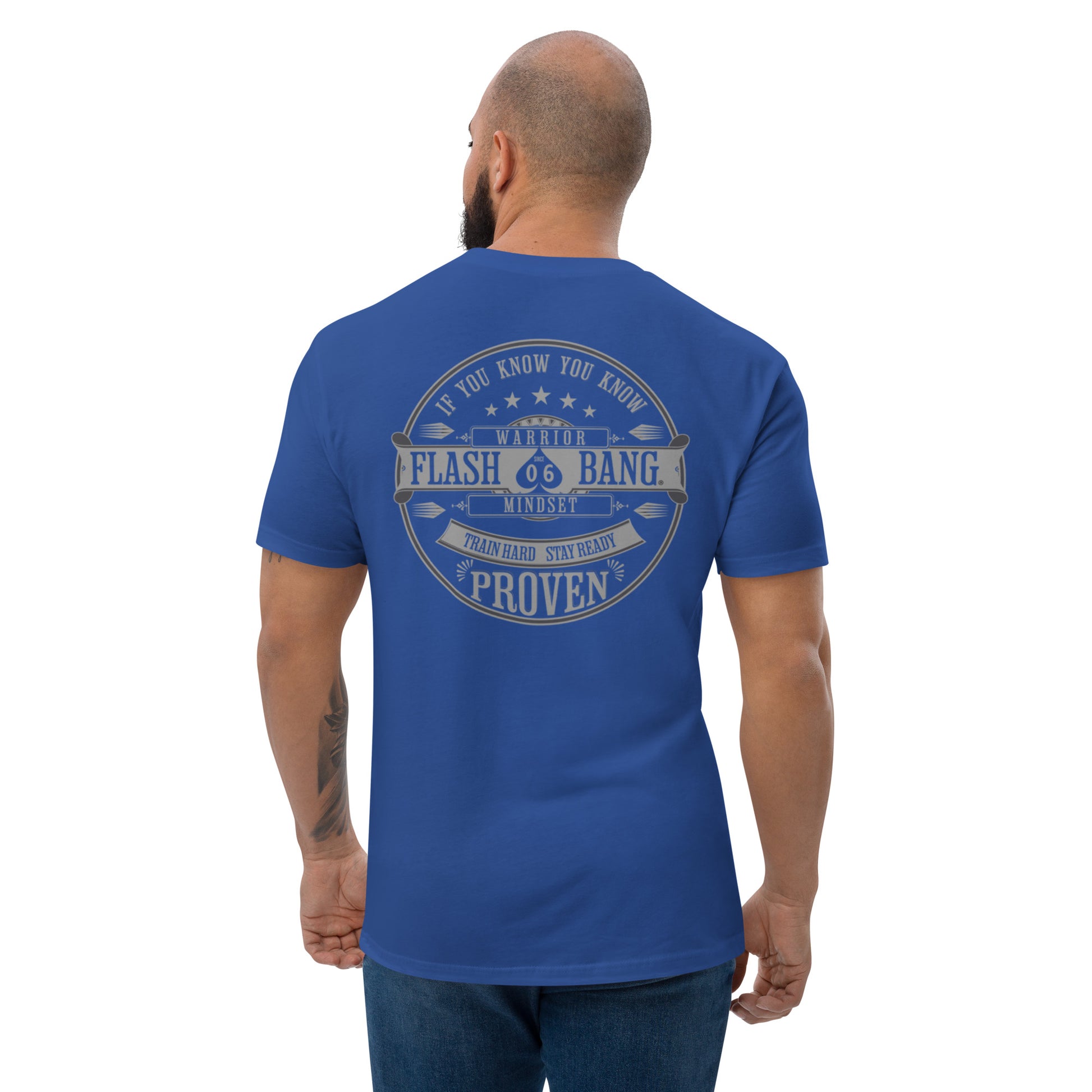 Warrior T-shirt - Train Hard Stay Ready. Veteran support, rugged durability, and powerful quotes for men who train hard - Back View - Royal Blue - Model Guy