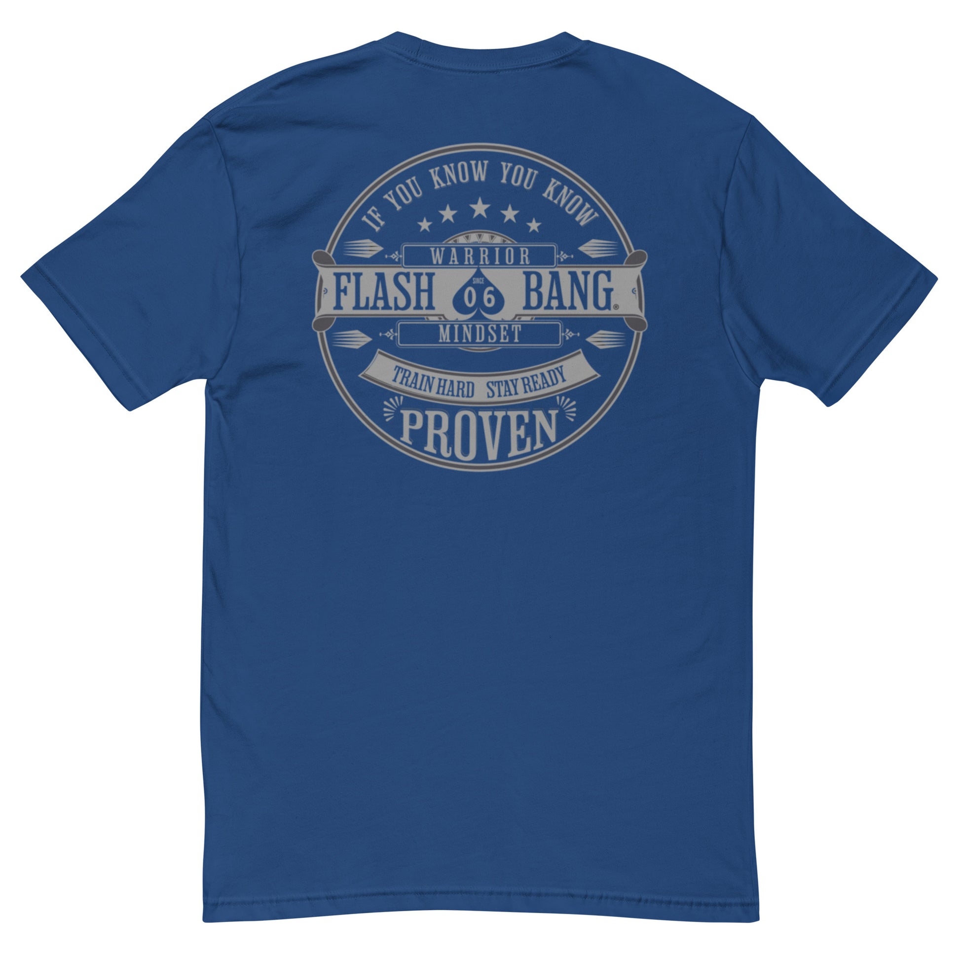 Warrior T-shirt - Train Hard Stay Ready. Veteran support, rugged durability, and powerful quotes for men who train hard - Back View - Royal Blue