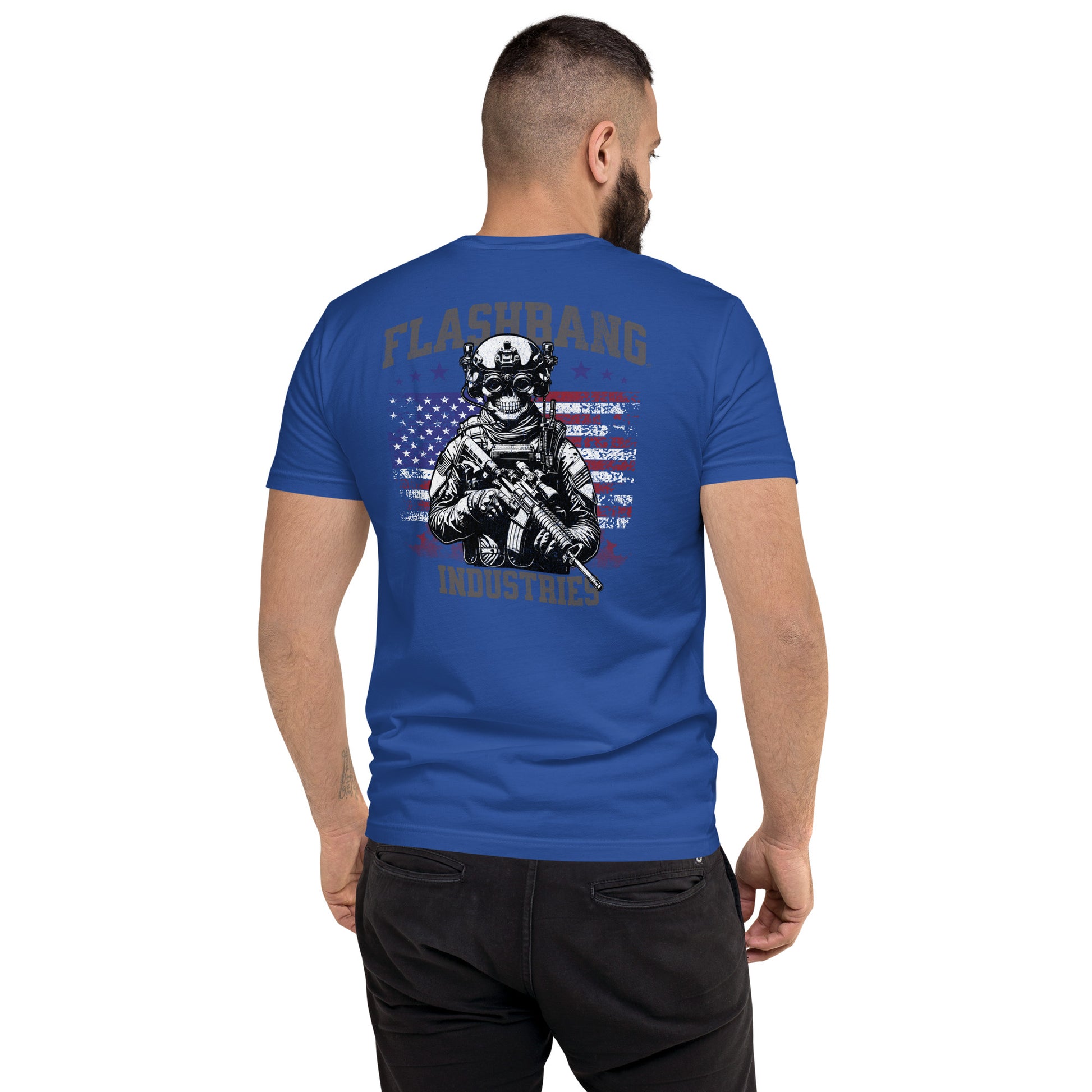 US Army T-shirt with USA flag and skull design. Operator T-shirt for men - Back View - Royal Blue - Model Guy