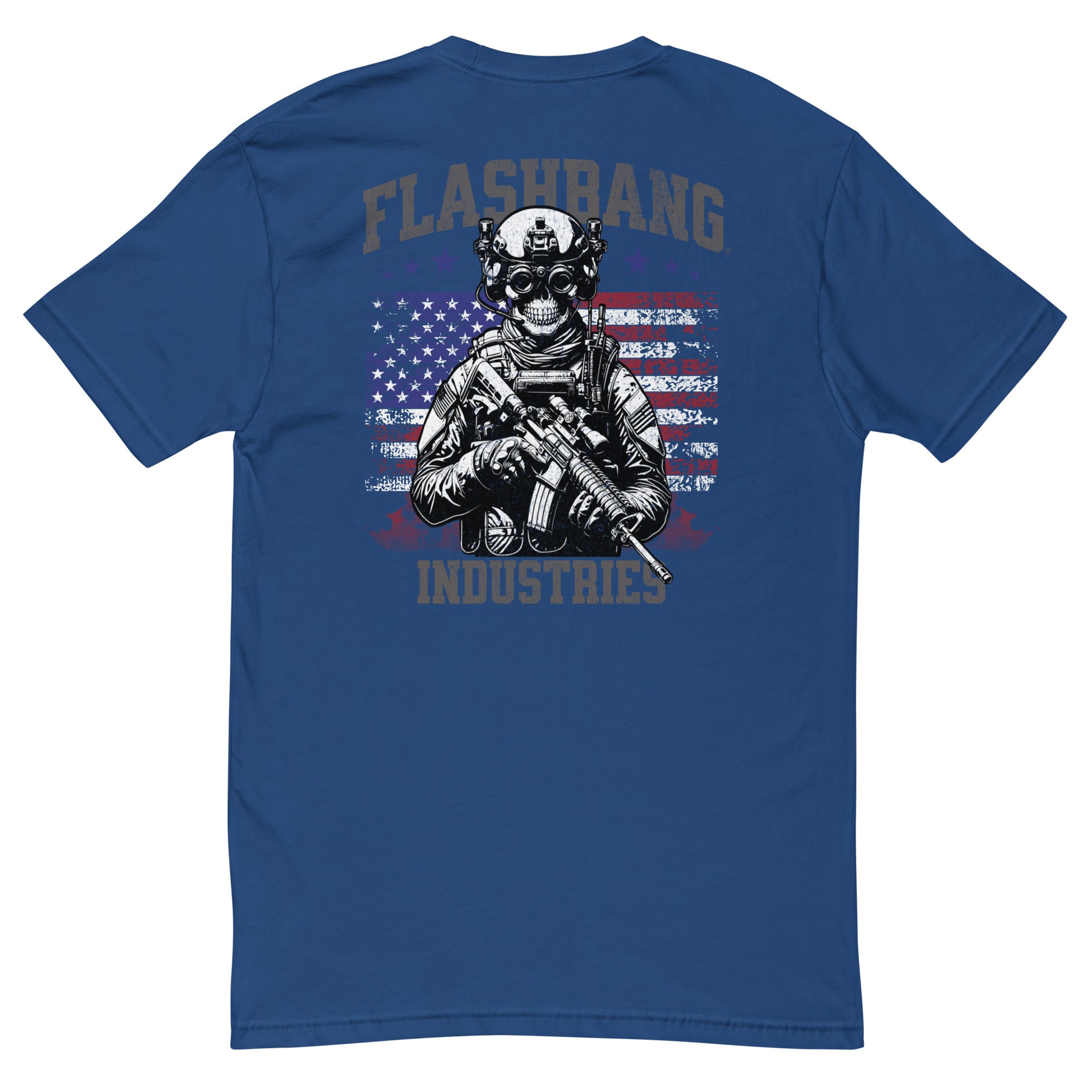 US Army T-shirt with USA flag and skull design. Operator T-shirt for men - Back View - Royal Blue