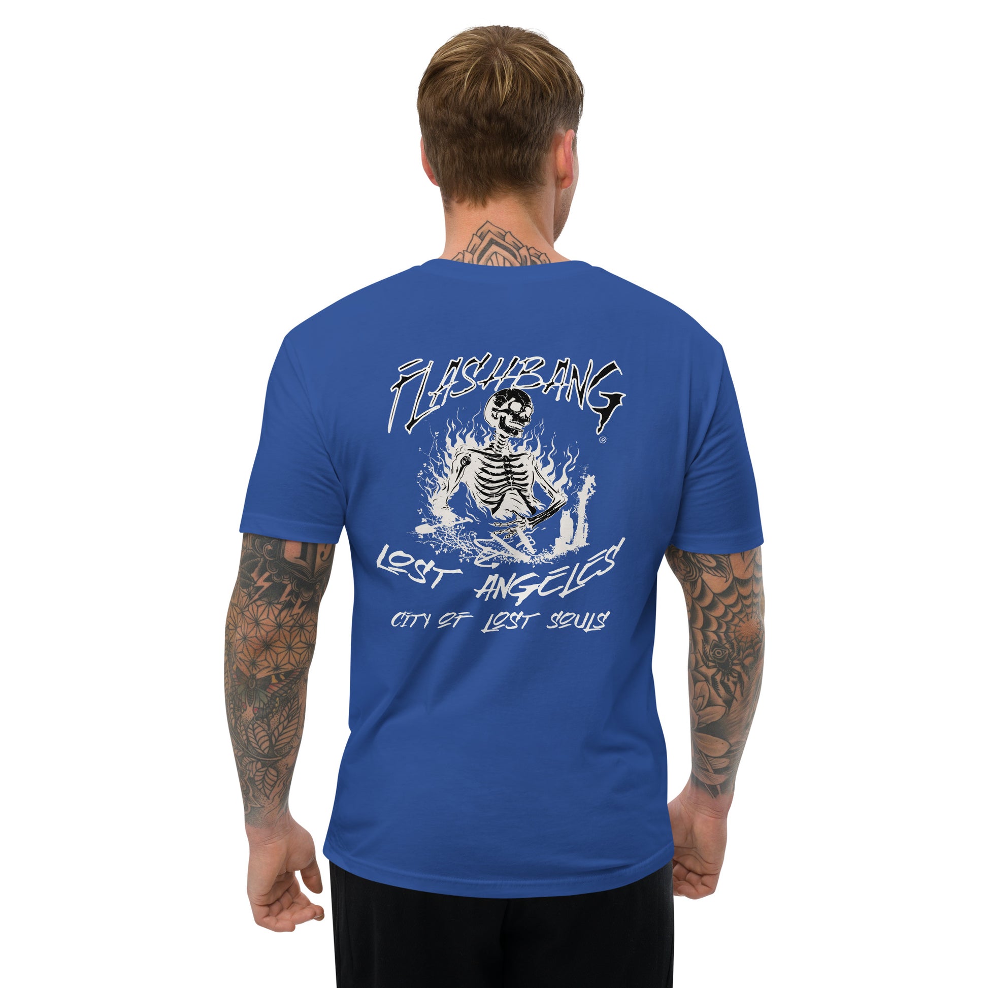 LA Lost Souls T-shirt with skeleton design, embodying streetwear LA style and honoring veterans - Back View - Royal Blue - Model Guy