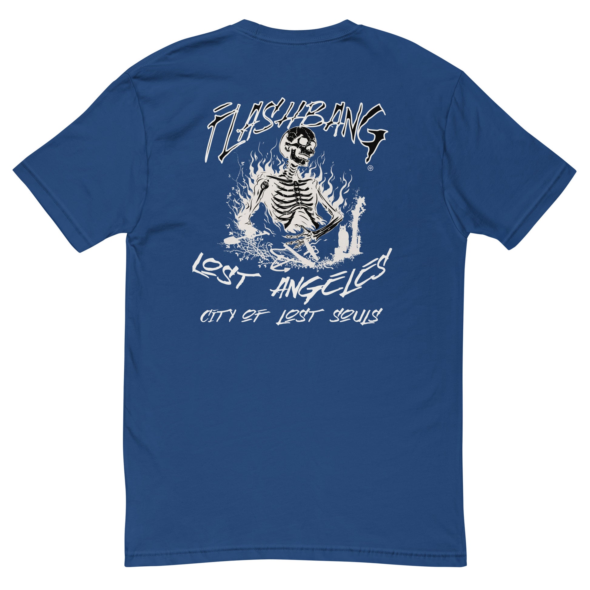 LA Lost Souls T-shirt with skeleton design, embodying streetwear LA style and honoring veterans - Back View - Royal Blue