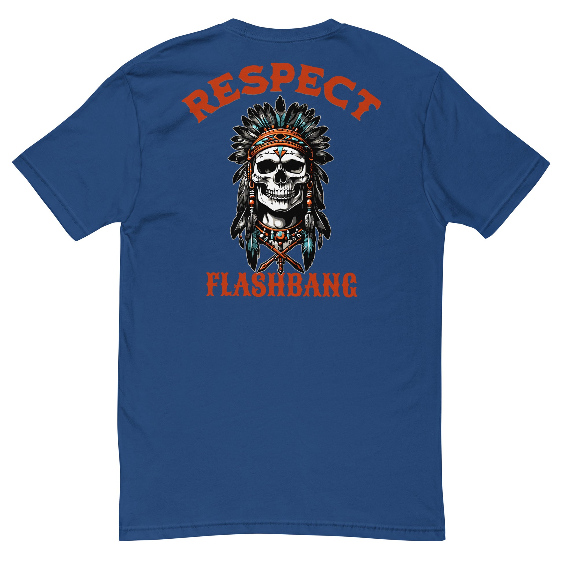 Blue t-shirt with a skull wearing a headdress and text 'RESPECT FLASHBANG' on the back.