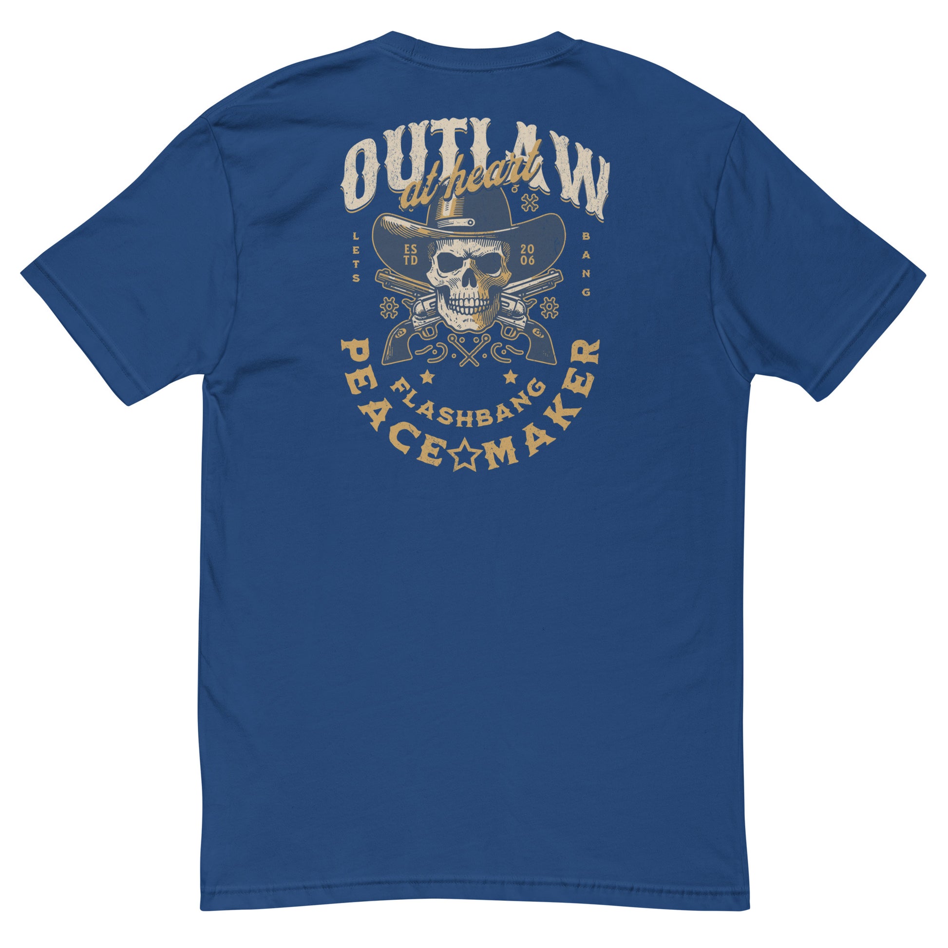 Blue t-shirt with a graphic design on the back featuring text and a skull wearing a cowboy hat.