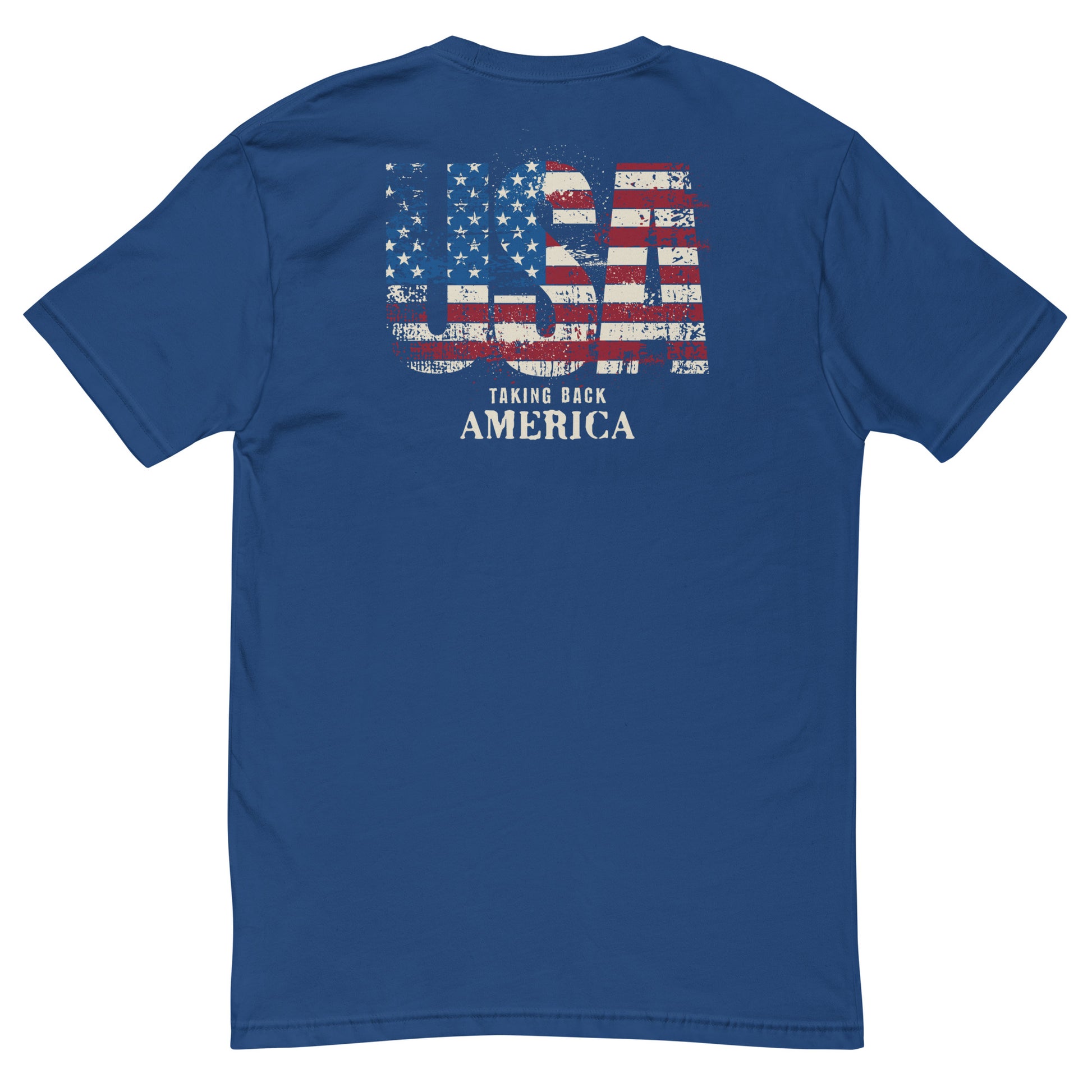 Blue t-shirt with American flag design and 'Taking Back America' text on a white background