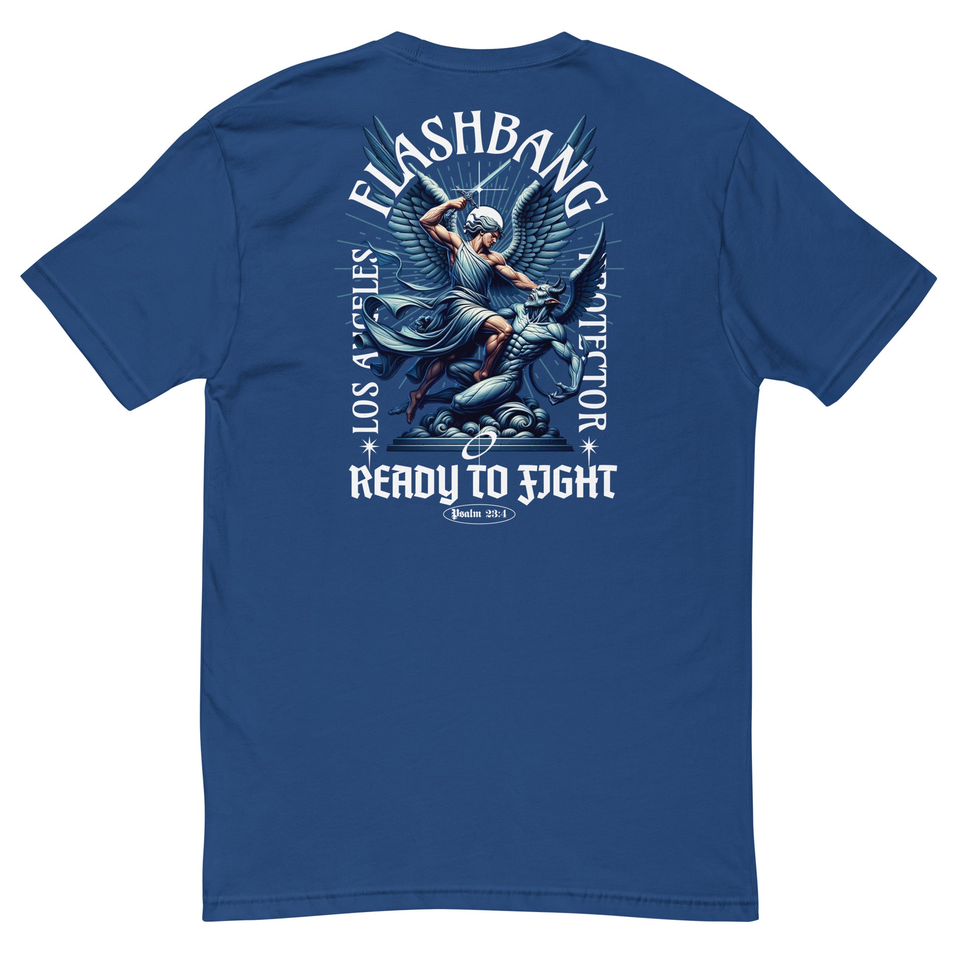 Blue t-shirt with graphic design and text on a white background