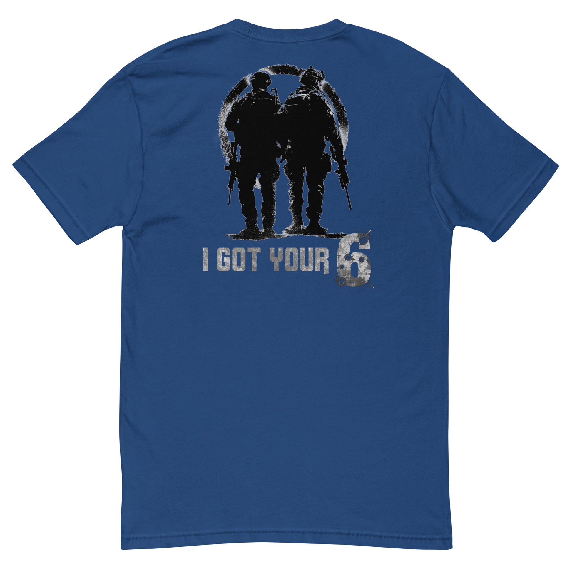 Blue t-shirt with a graphic of two soldiers and 'I Got Your Six' text on the back.