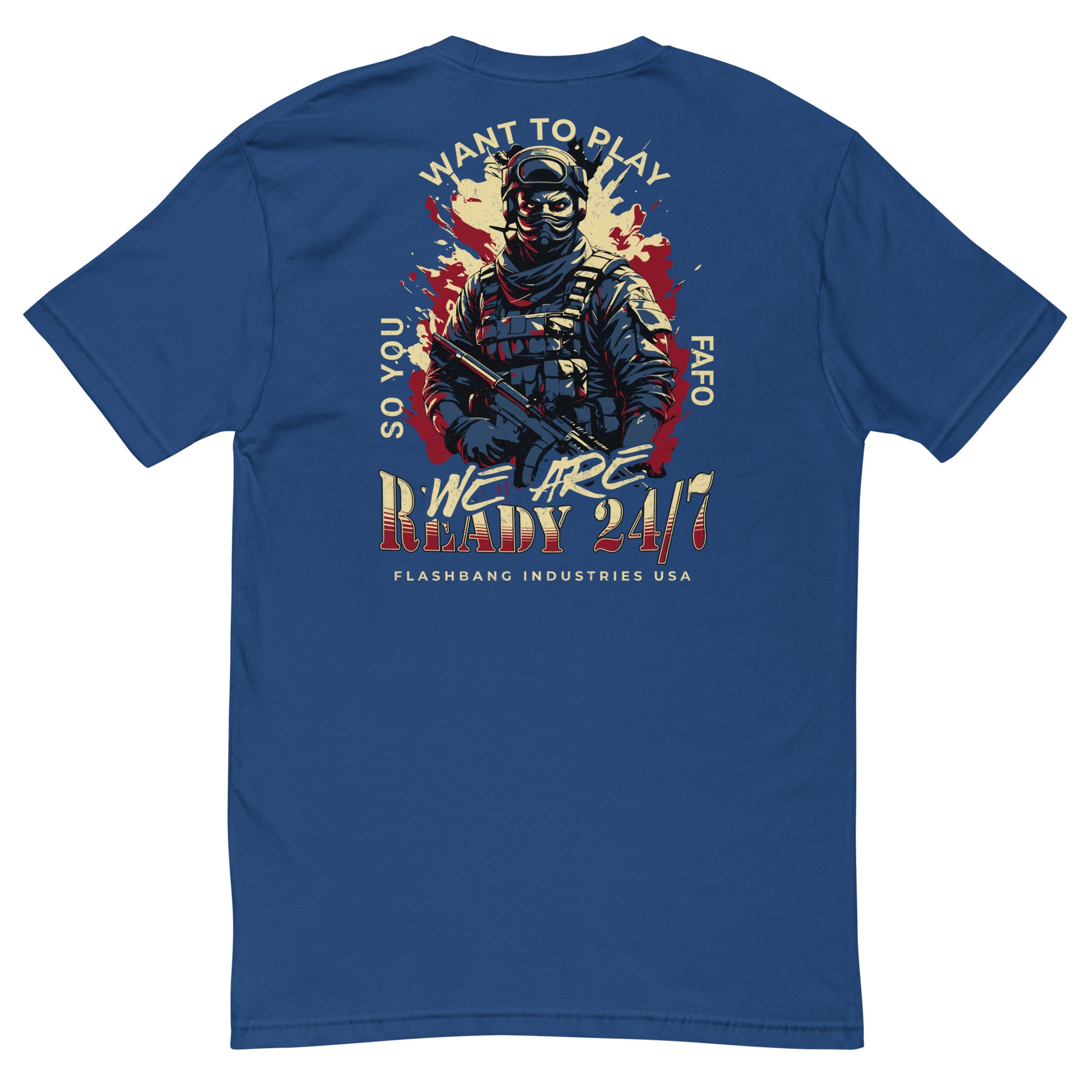 Blue t-shirt with graphic design on the back featuring a soldier and text.