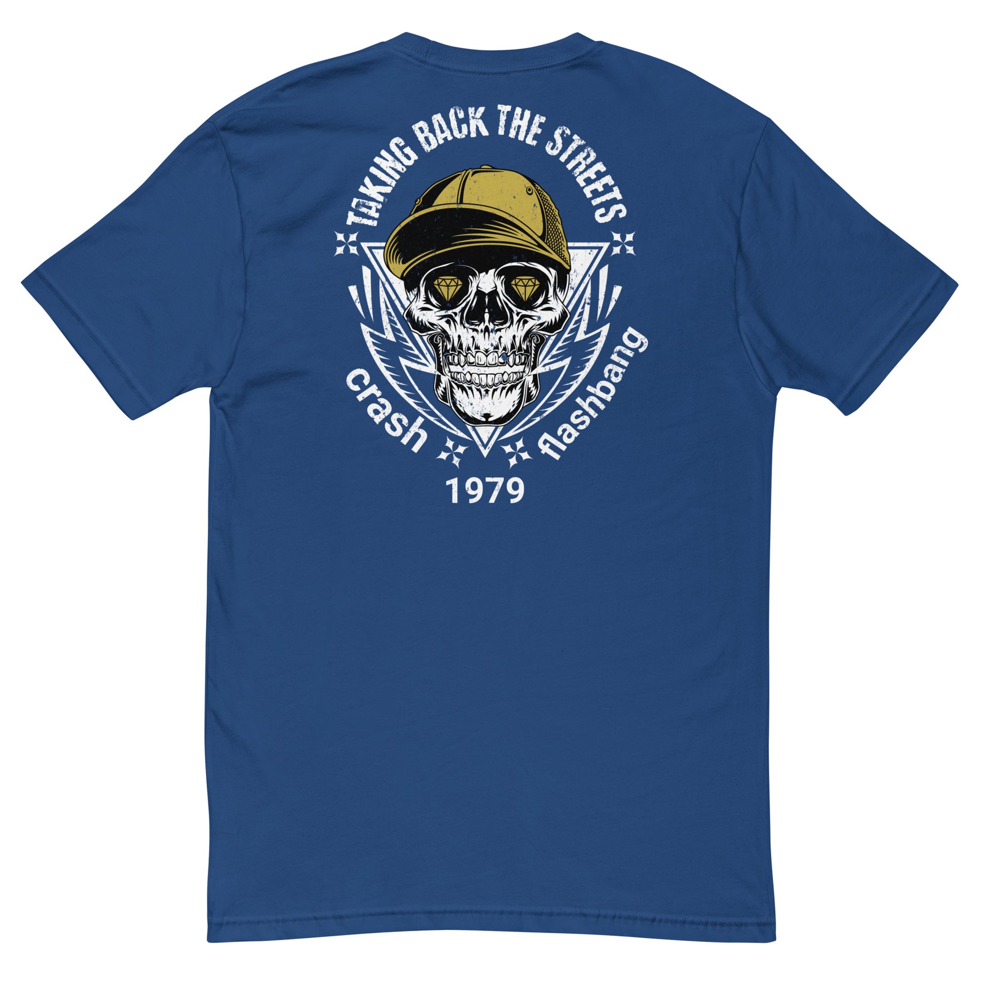 Blue t-shirt with a skull graphic and text on the back, displayed on a white background.