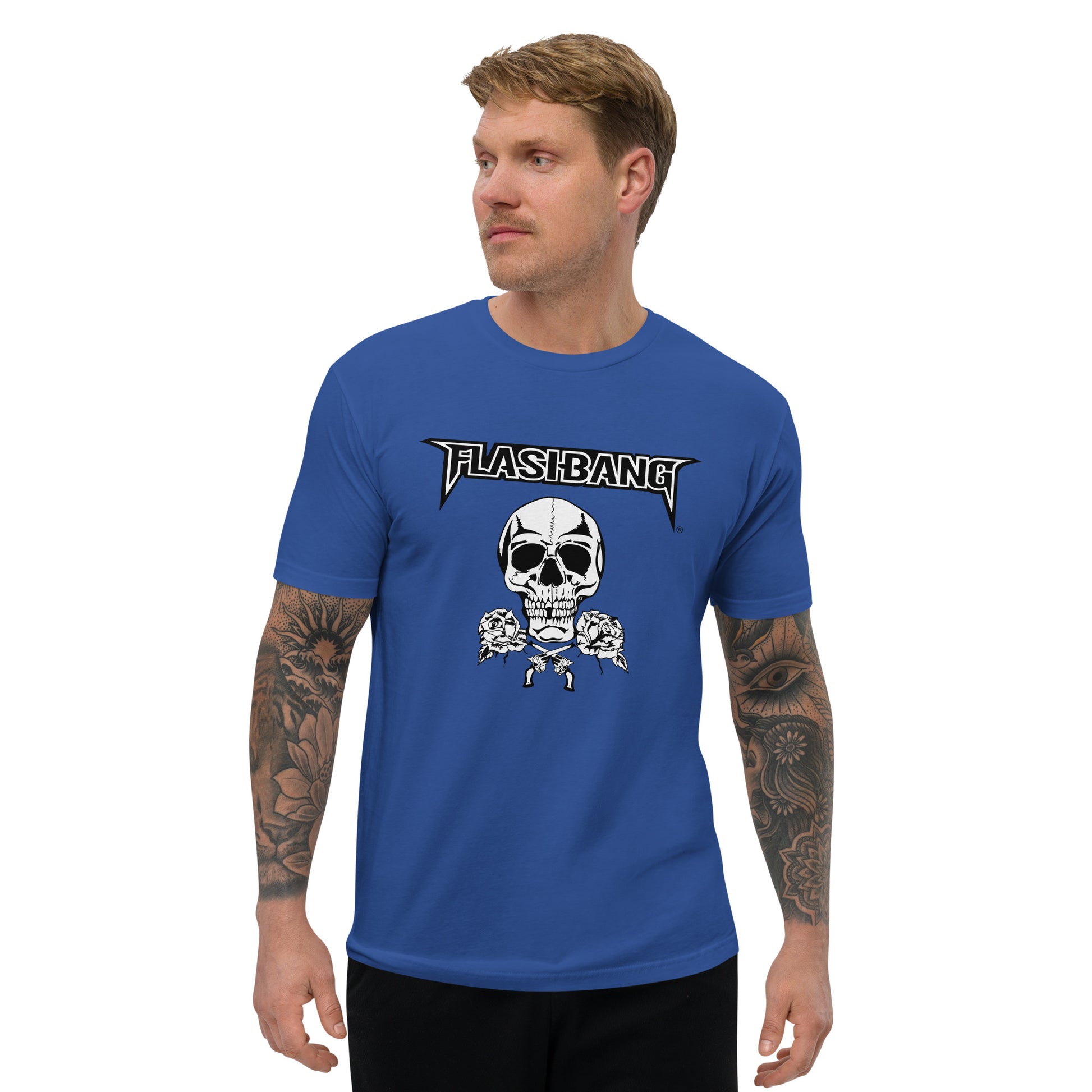 Skull and Roses RS T-shirt featuring a vintage skull and rose design - Front View - Royal Blue - Model Guy