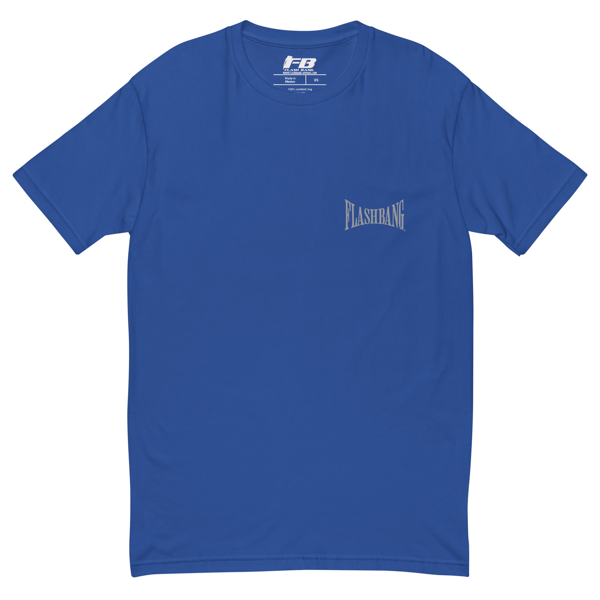 Proud American T-shirt with American flag graphic - Front View - Royal Blue with Flashbang Text