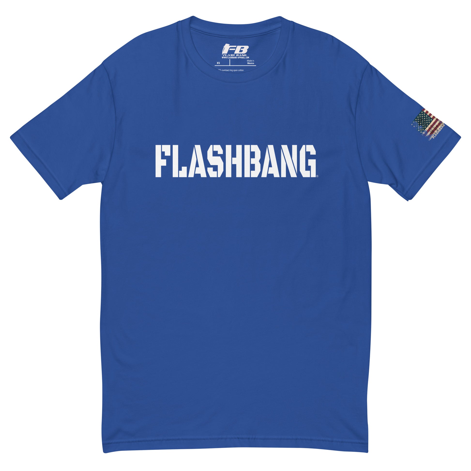 Flashbang Logo T-shirt with American flag graphic, perfect for honoring police and military veterans with durability and comfort - Front View - Royal Blue with Flashbang Text