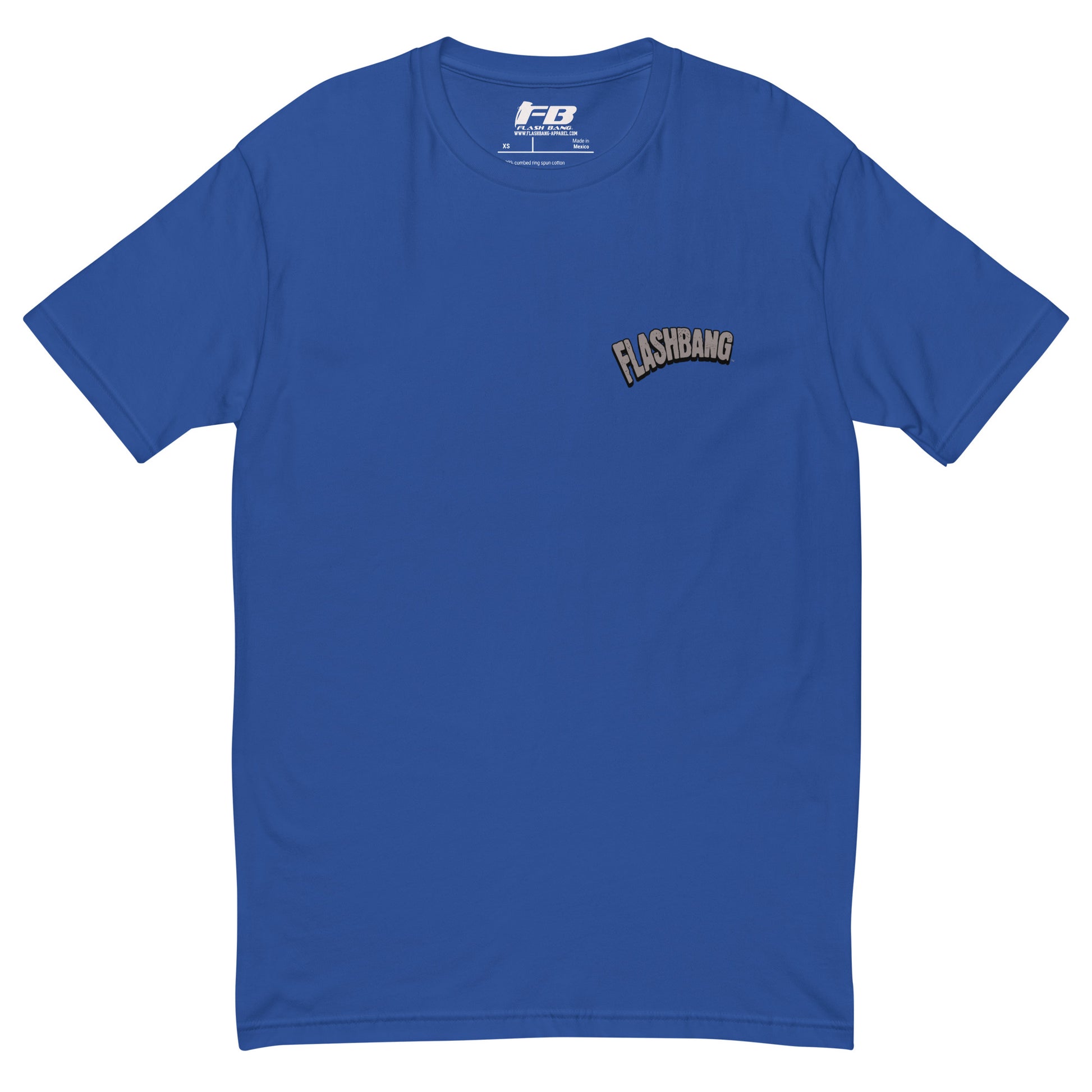 Caveman T-shirt - Front  View - Royal Blue with Flashbang Text