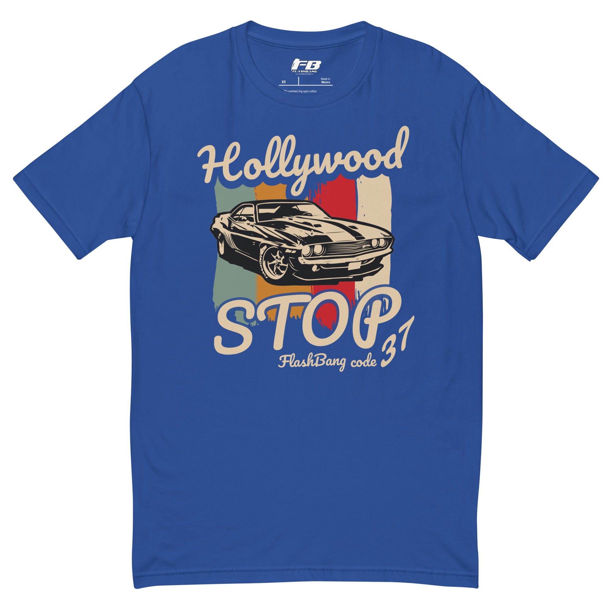 Blue t-shirt with a vintage car graphic and text on a white background