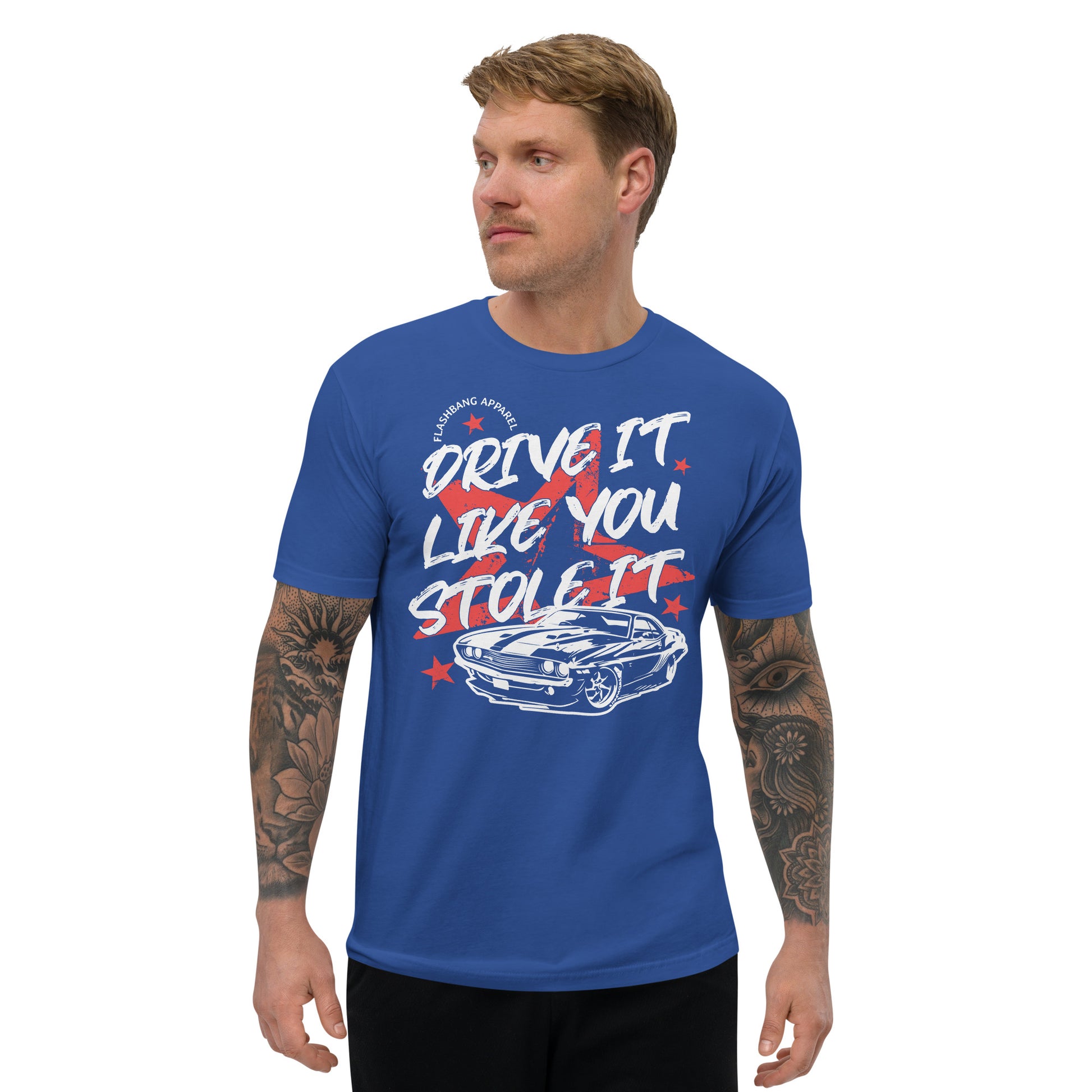 Man wearing a blue t-shirt with a graphic design and text on a white background