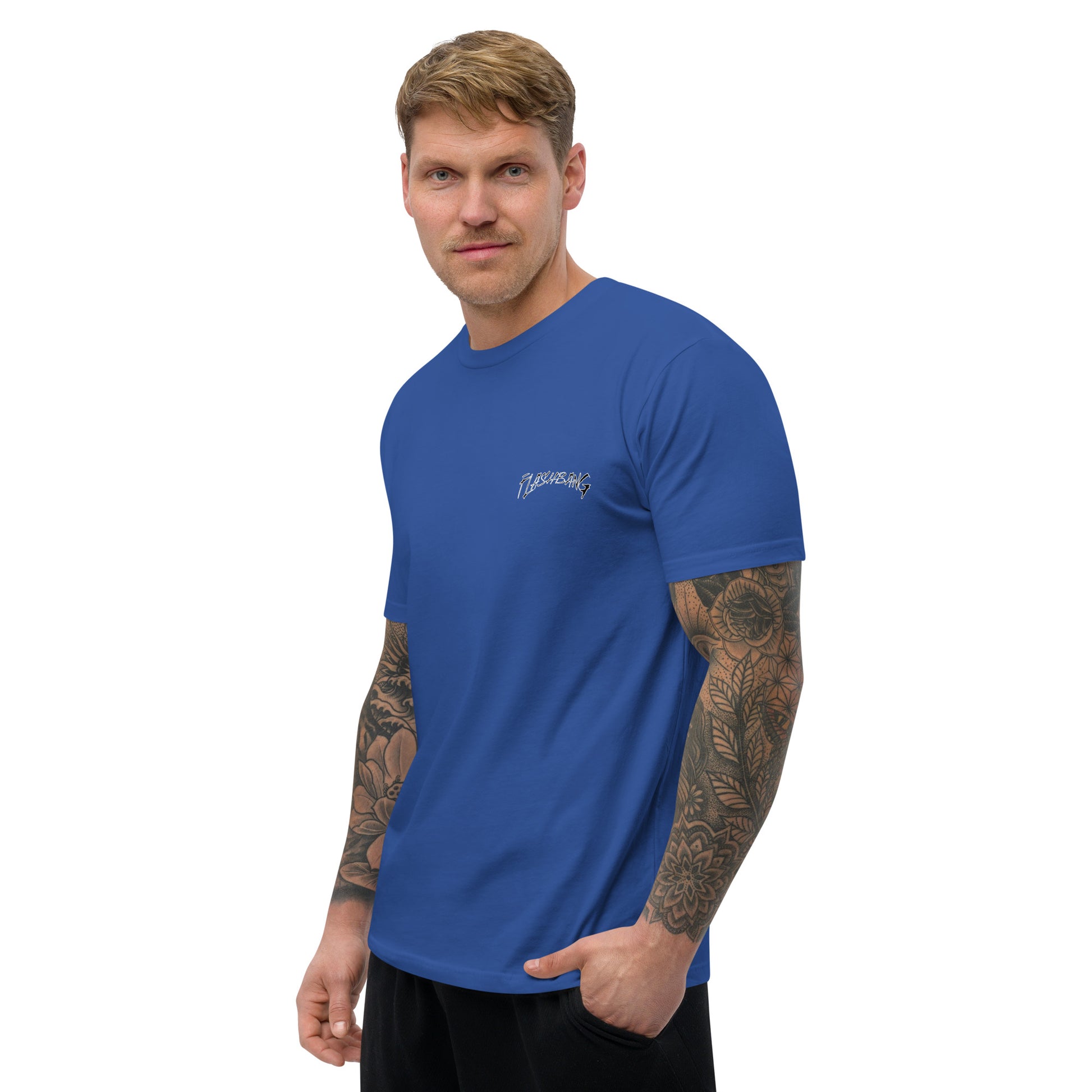 LA Lost Souls T-shirt with skeleton design, embodying streetwear LA style and honoring veterans - Front View - Royal Blue - Model Guy