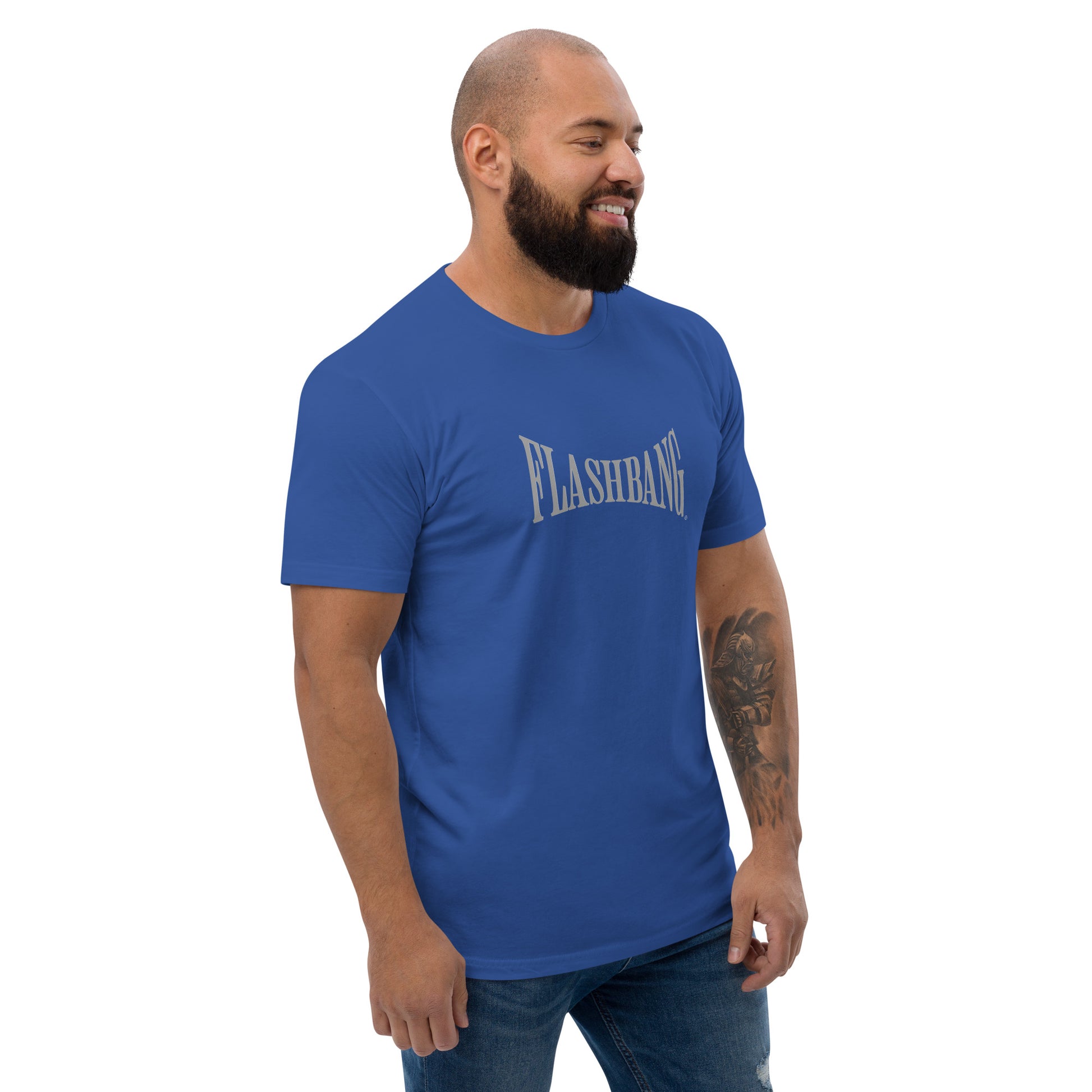 Warrior T-shirt - Train Hard Stay Ready. Veteran support, rugged durability, and powerful quotes for men who train hard - Front View - Royal Blue with Flashbang Text - Model Guy