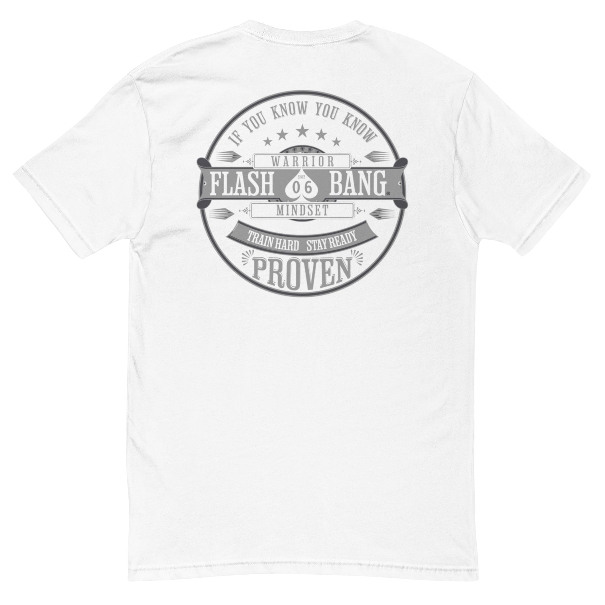 Warrior T-shirt - Train Hard Stay Ready. Veteran support, rugged durability, and powerful quotes for men who train hard - Back View - White