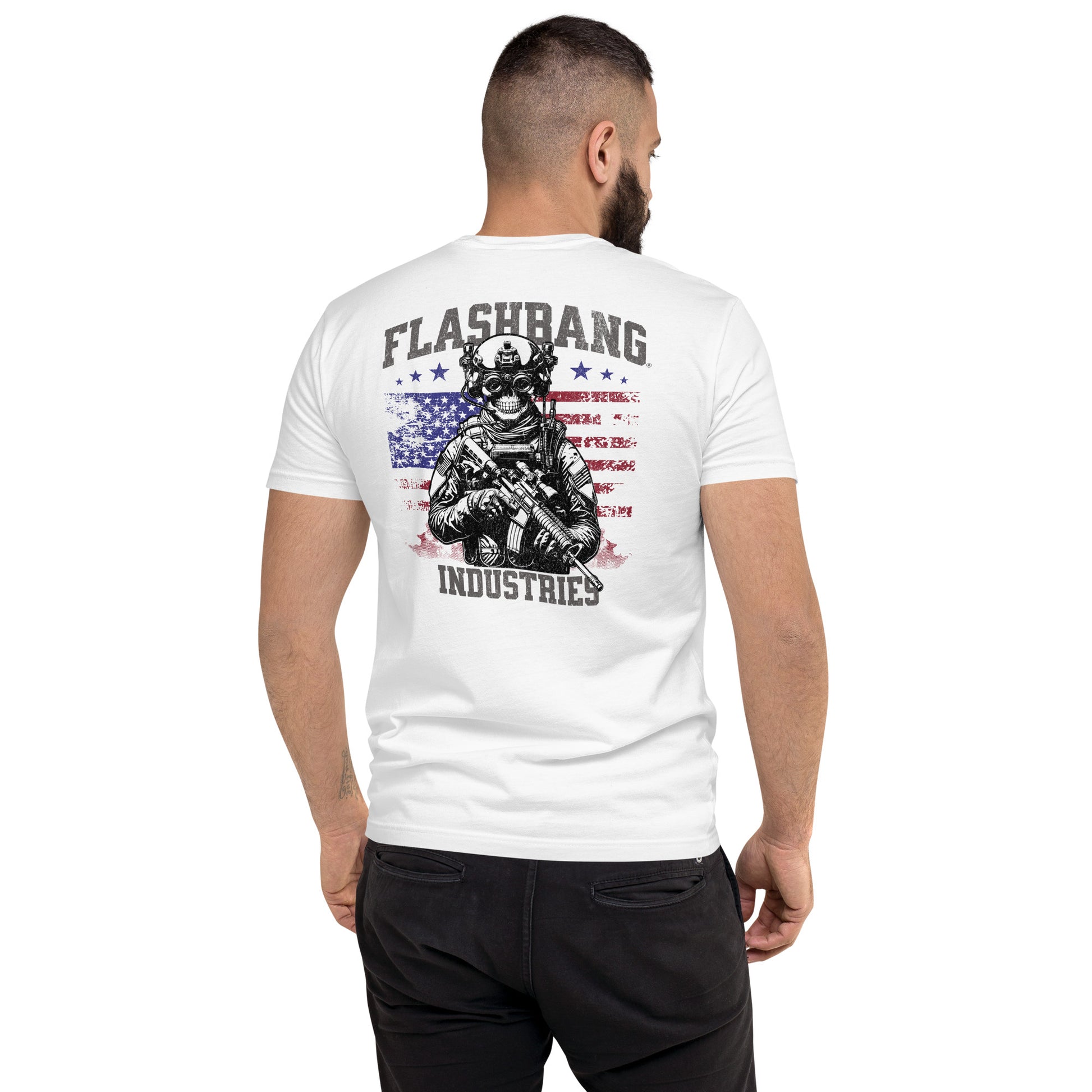 US Army T-shirt with USA flag and skull design. Operator T-shirt for men - Back View - White - Model Guy