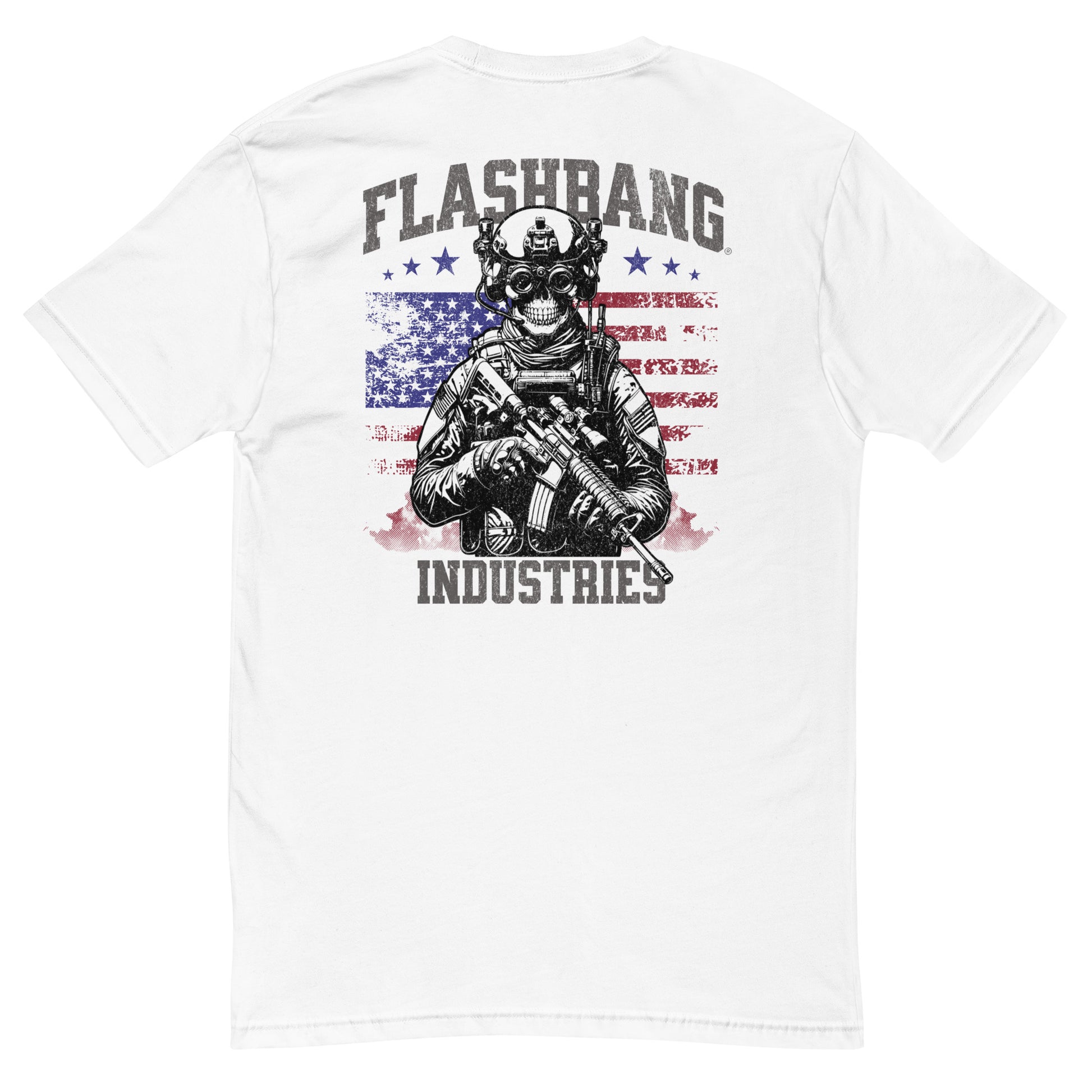 US Army T-shirt with USA flag and skull design. Operator T-shirt for men - Back View - White