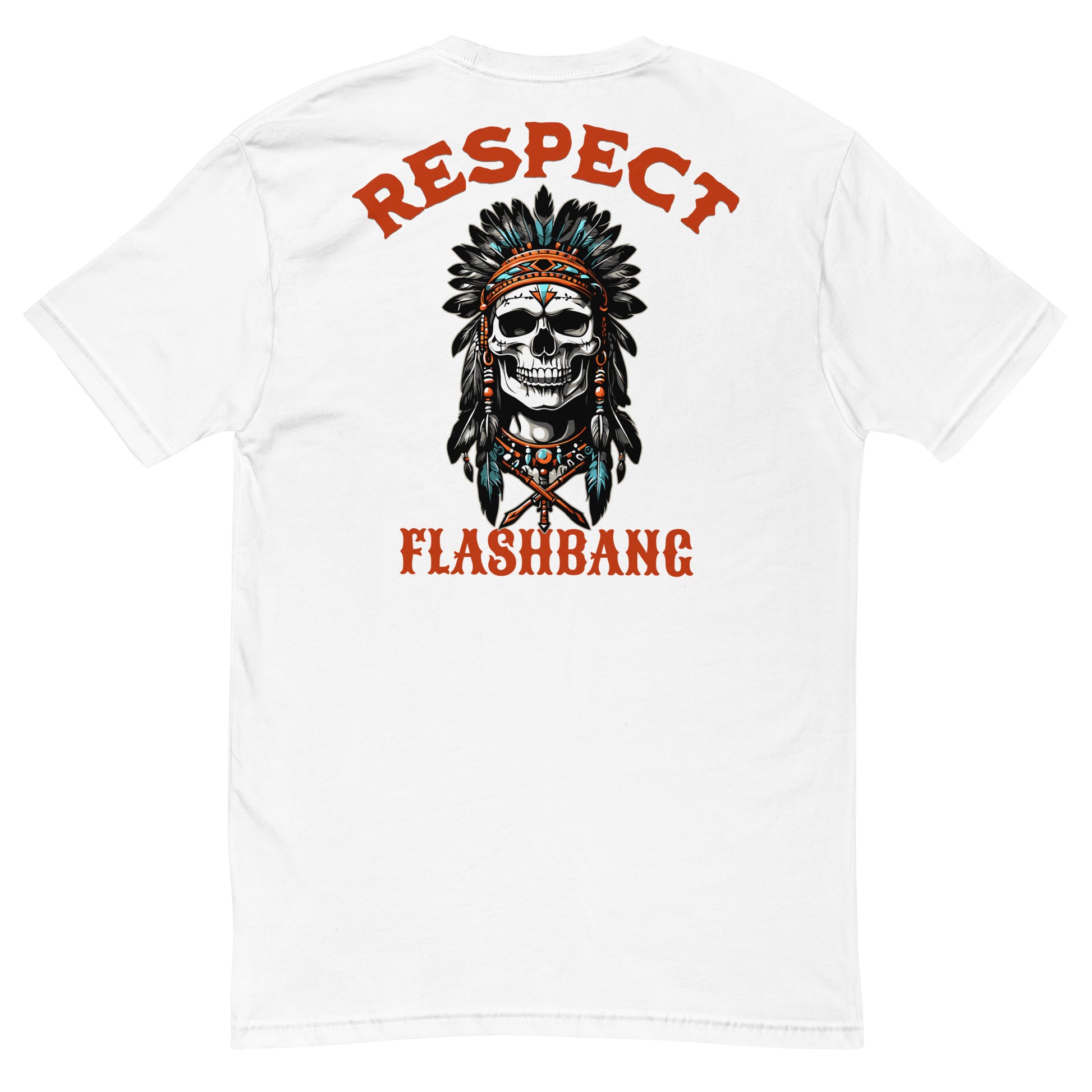White t-shirt with a skull design and 'Respect Flashbang' text on the back