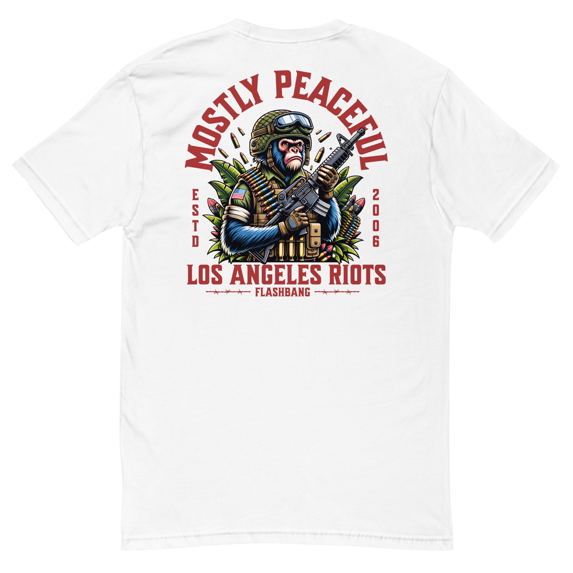 White t-shirt with graphic design featuring a monkey holding a gun and text on a white background