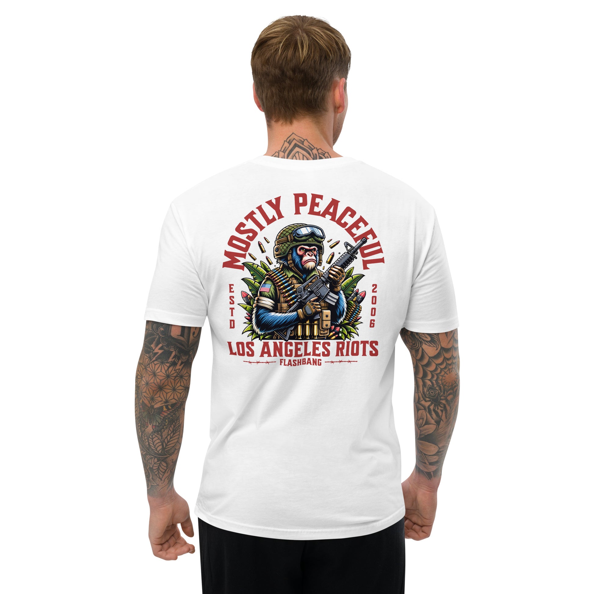 Man wearing a white t-shirt with a graphic design and text on the back, on a white background